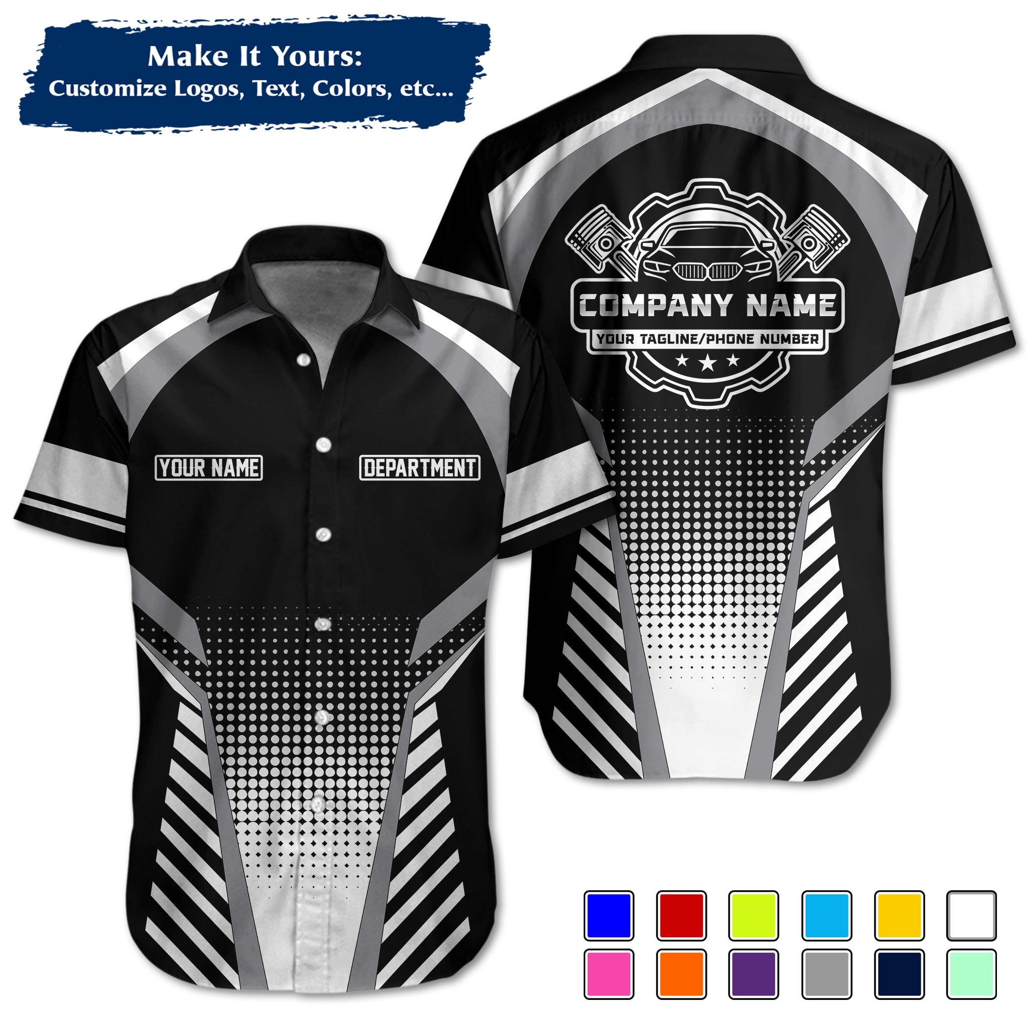 Custom Hawaiian Work Shirt for Auto Mechanics, Add Garage Logo, Name & Contact Info MCNHW14