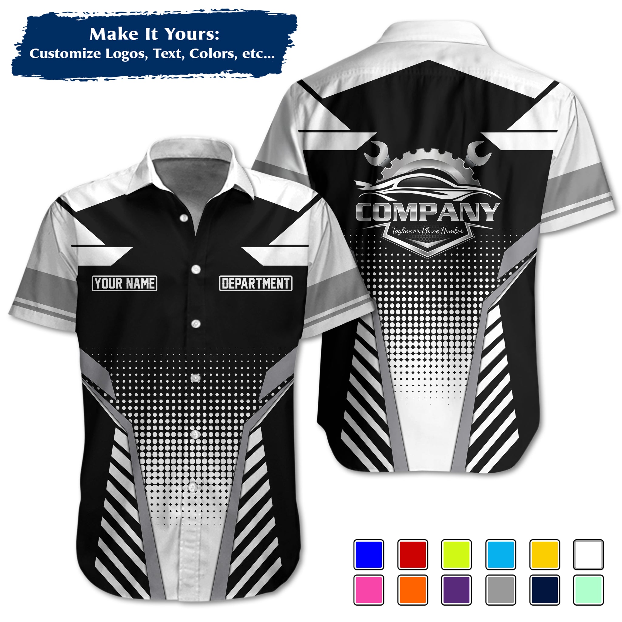 Custom Hawaiian Work Shirt for Auto Mechanics, Add Garage Logo, Name & Contact Info MCNHW11