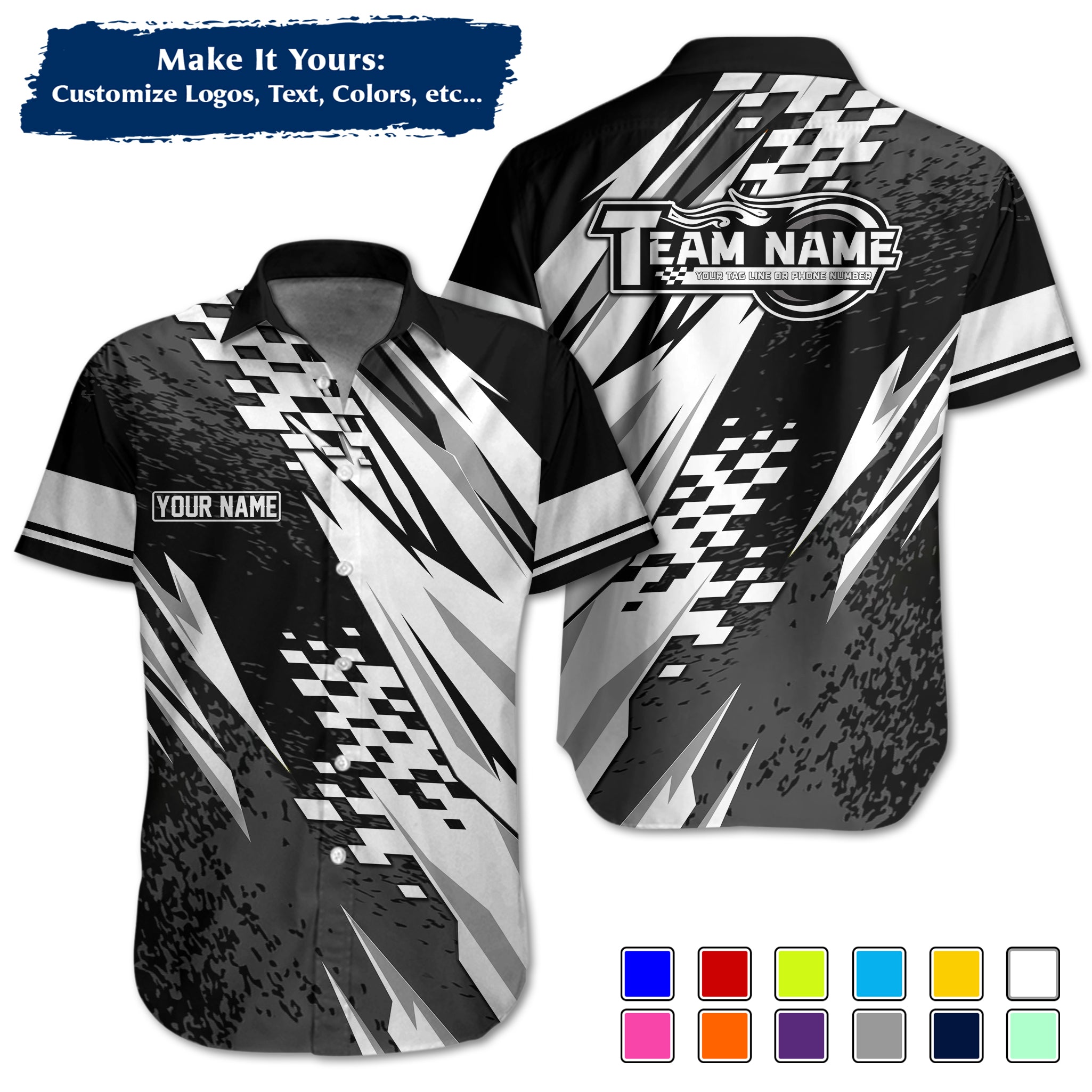 Custom Hawaiian Work Shirt for Race Team Crew Members, Add Team Logo, Name & Contact Info RCHW19