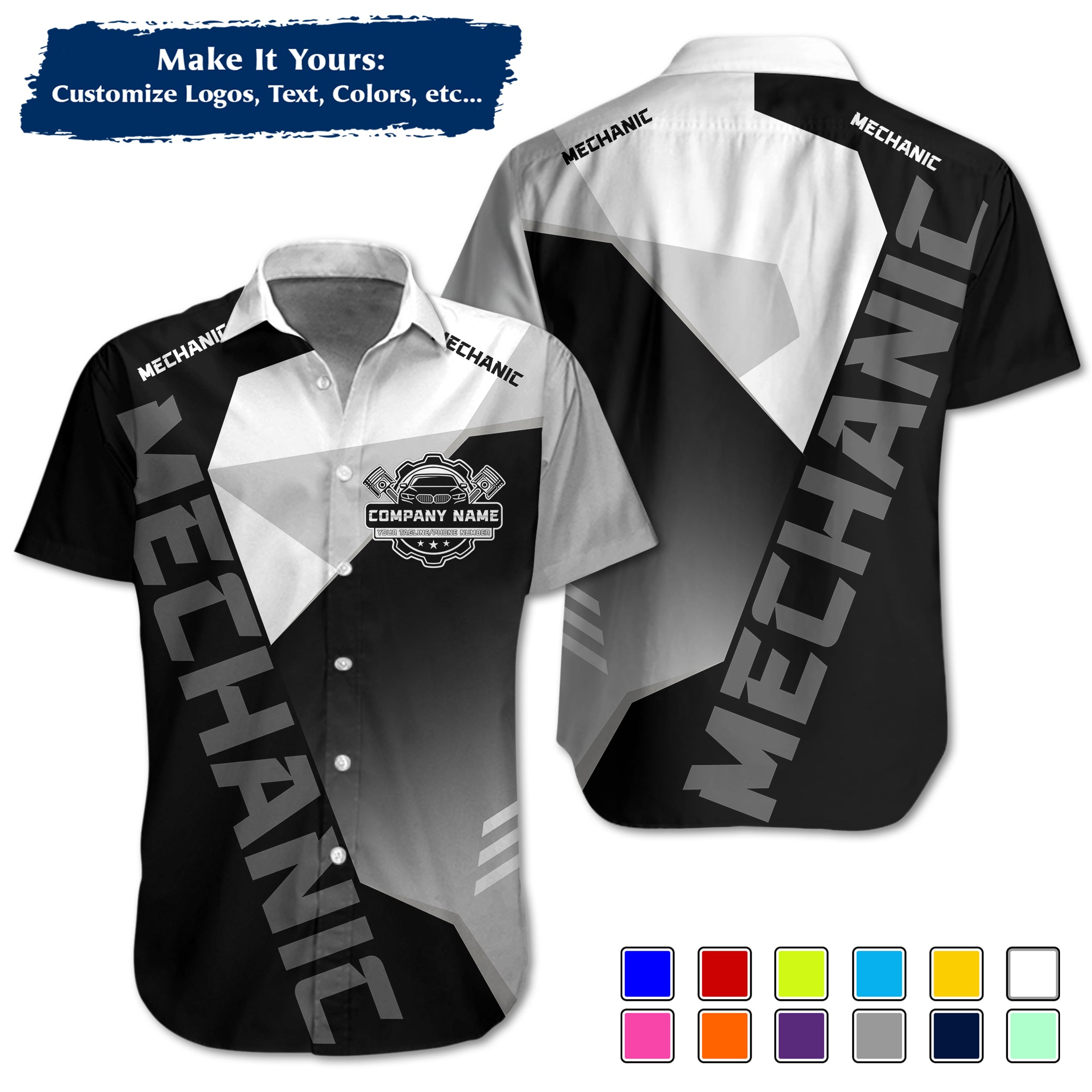 Custom Hawaiian Work Shirt for Auto Mechanics, Add Garage Logo, Name & Contact Info MCNHW21