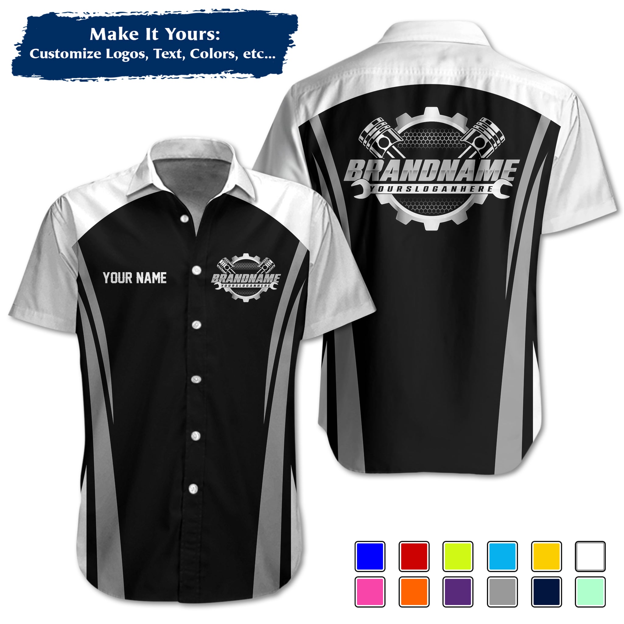Custom Hawaiian Work Shirt for Auto Mechanics, Add Garage Logo, Name & Contact Info MCNHW36