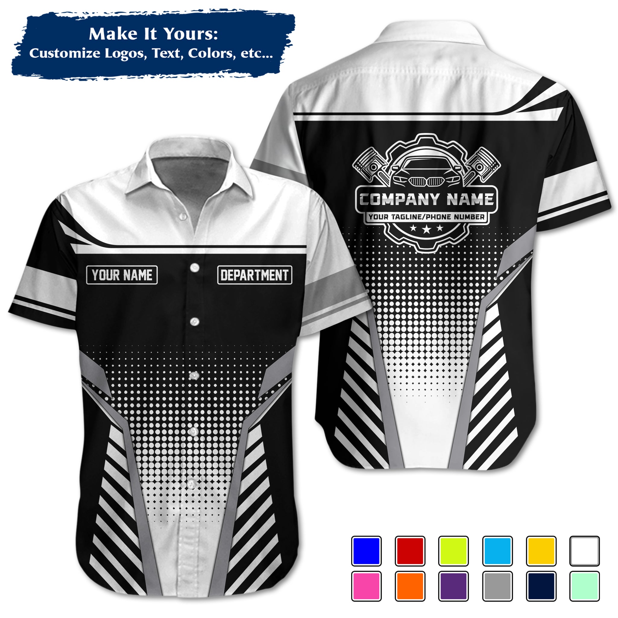 Custom Hawaiian Work Shirt for Auto Mechanics, Add Garage Logo, Name & Contact Info MCNHW10