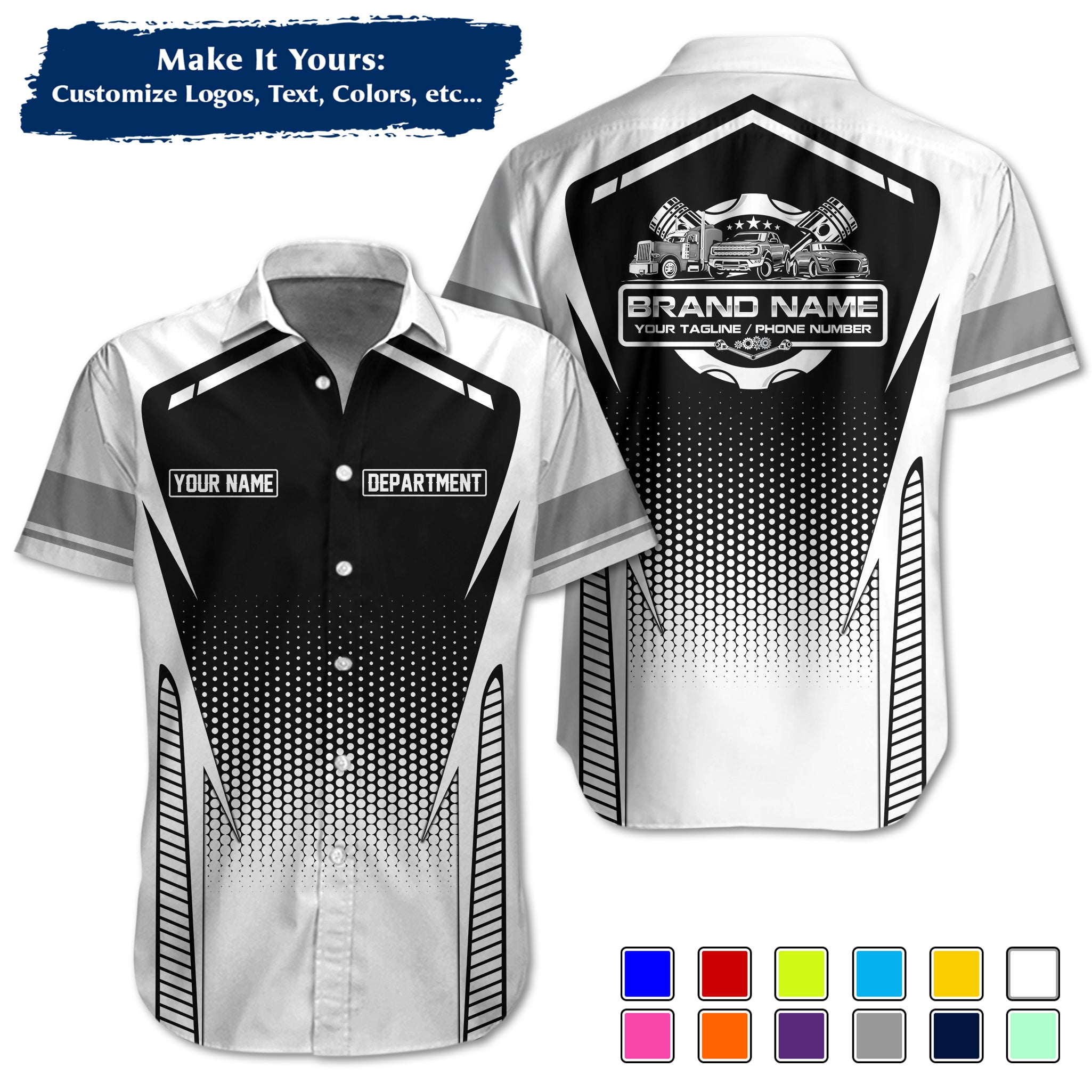 Custom Hawaiian Work Shirt for Auto Mechanics, Add Garage Logo, Name & Contact Info MCNHW15