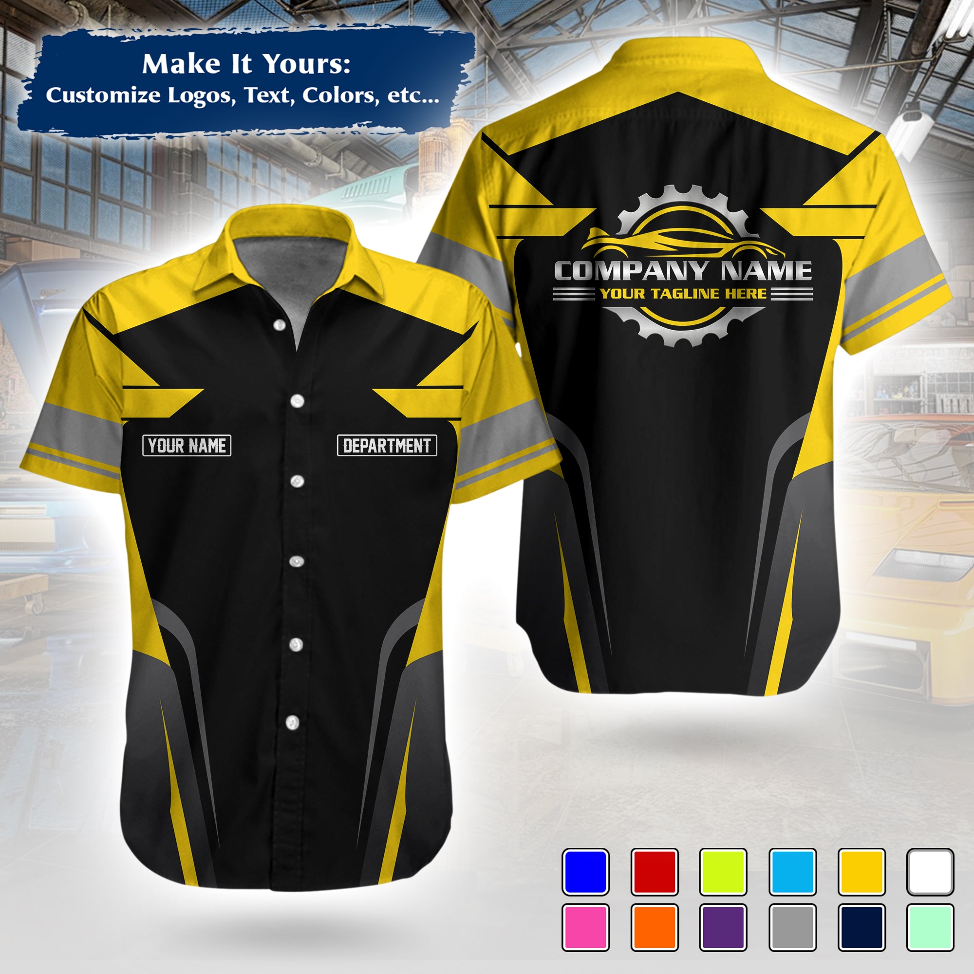 Custom Hawaiian Work Shirt for Auto Mechanics, Add Garage Logo, Name & Contact Info MCNHW01