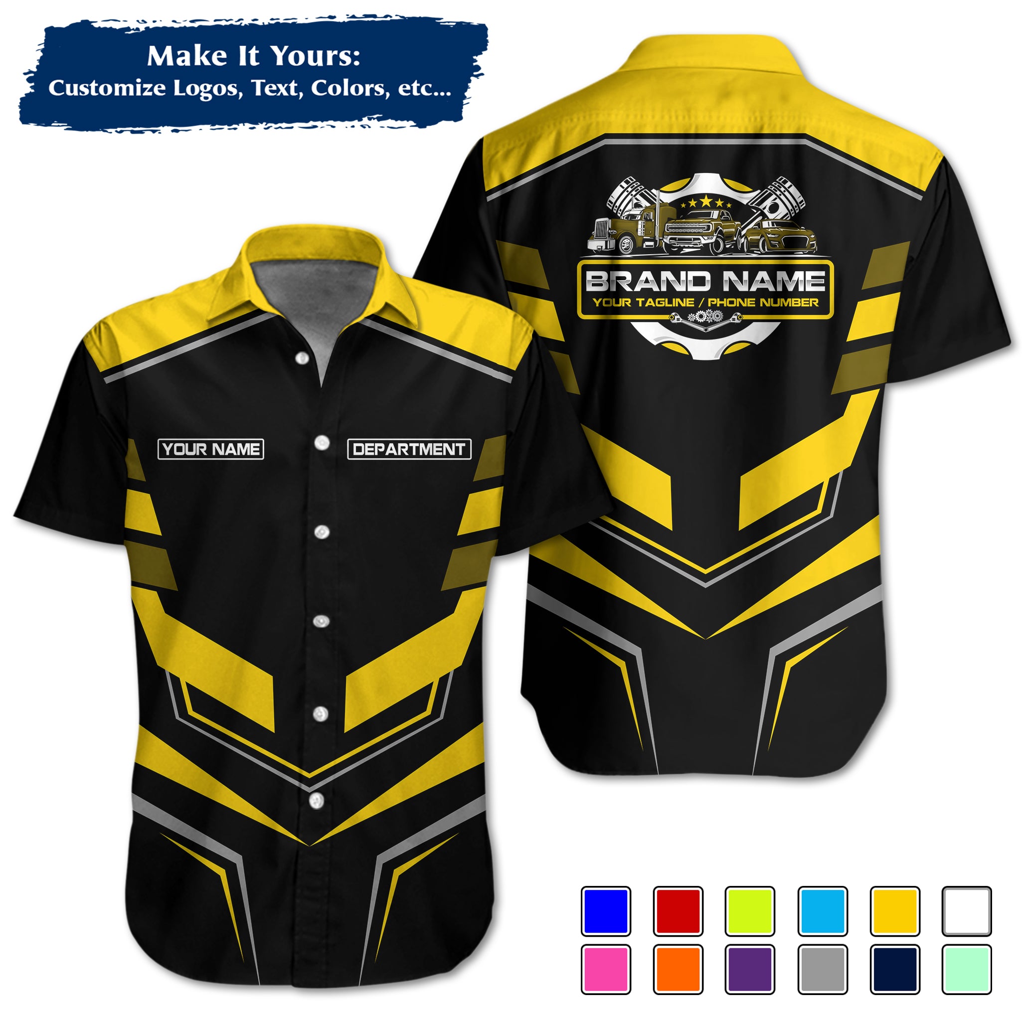 Custom Hawaiian Work Shirt for Auto Mechanics, Add Garage Logo, Name & Contact Info MCNHW05