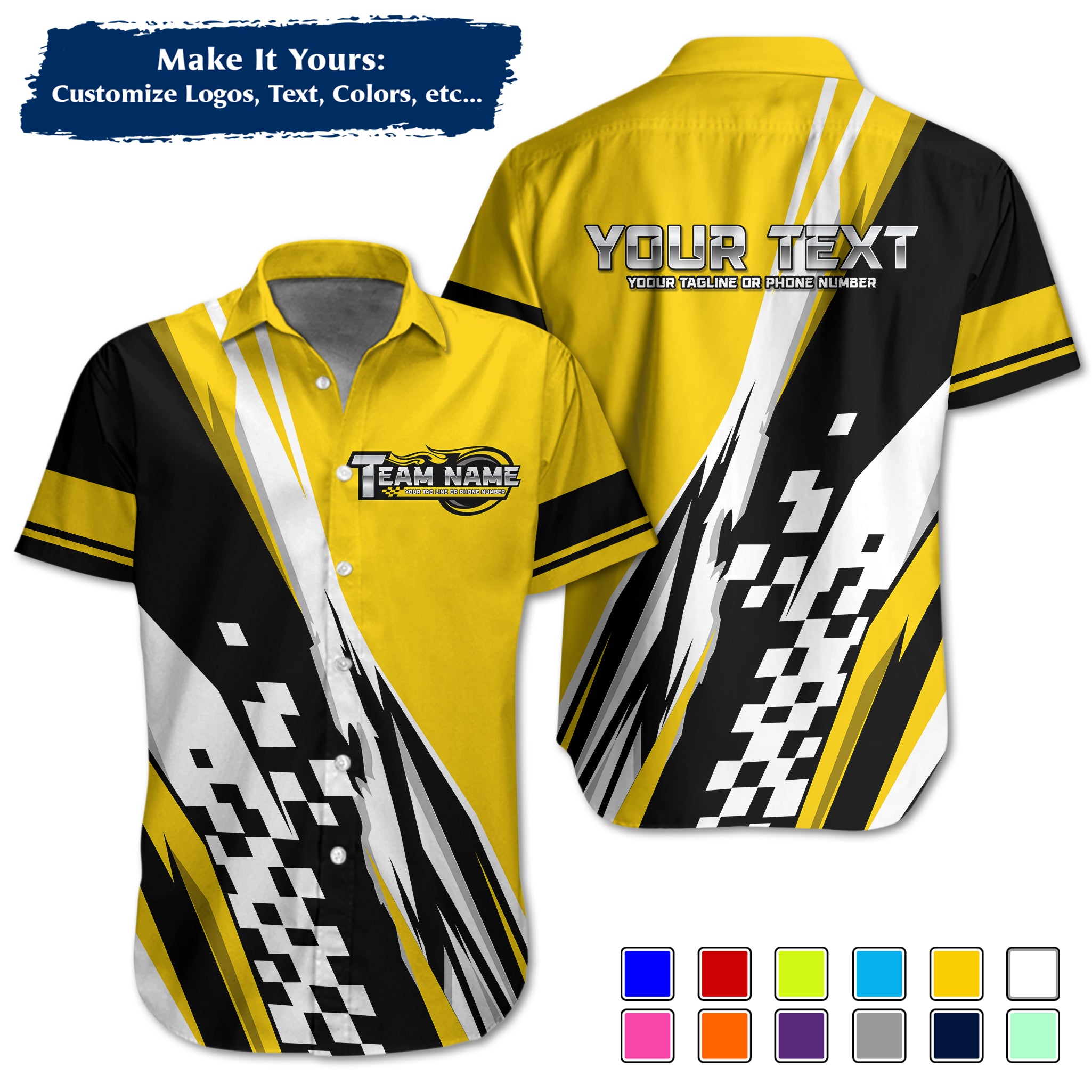 Custom Hawaiian Work Shirt for Race Team Crew Members, Add Team Logo, Name & Contact Info RCHW120