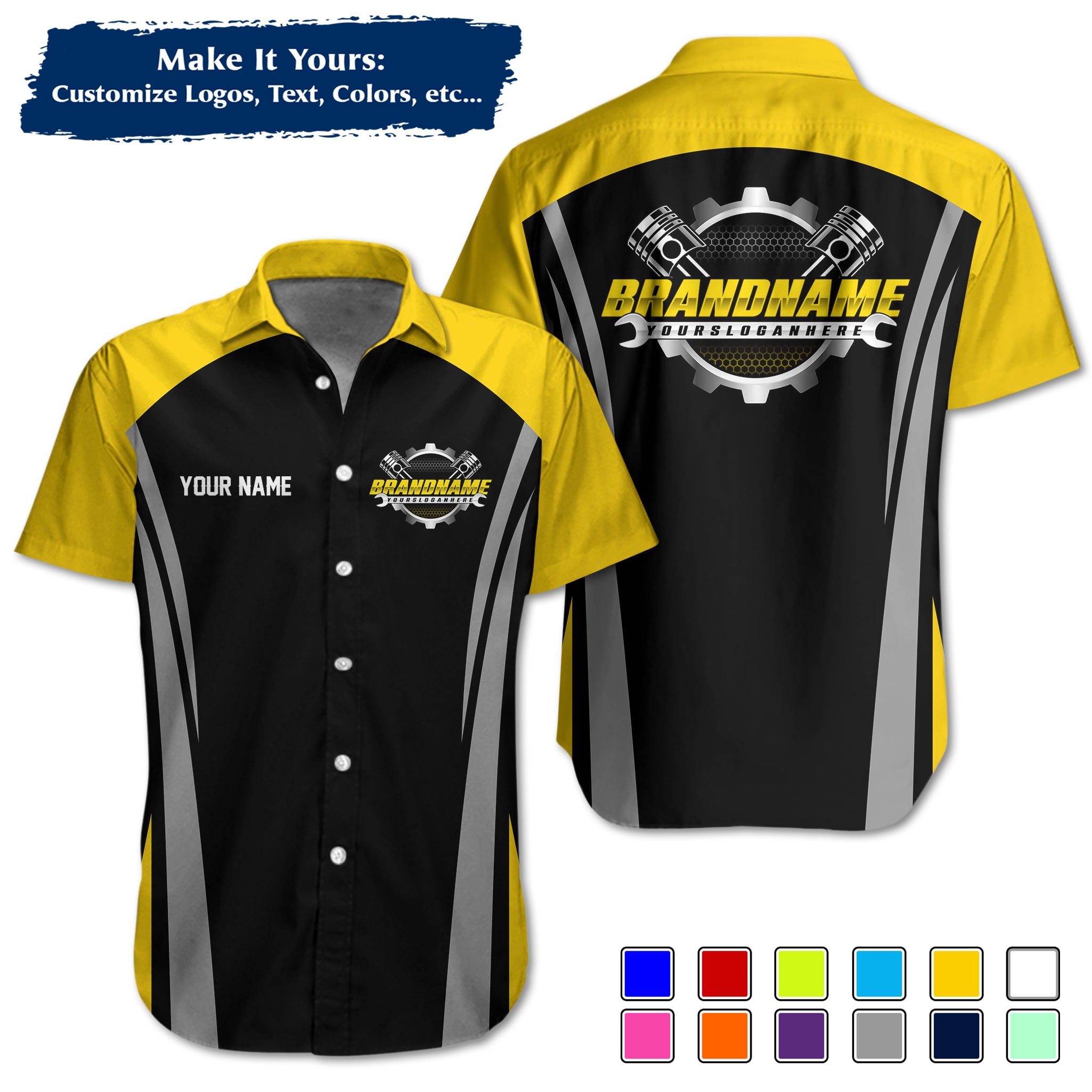 Custom Hawaiian Work Shirt for Auto Mechanics, Add Garage Logo, Name & Contact Info MCNHW36