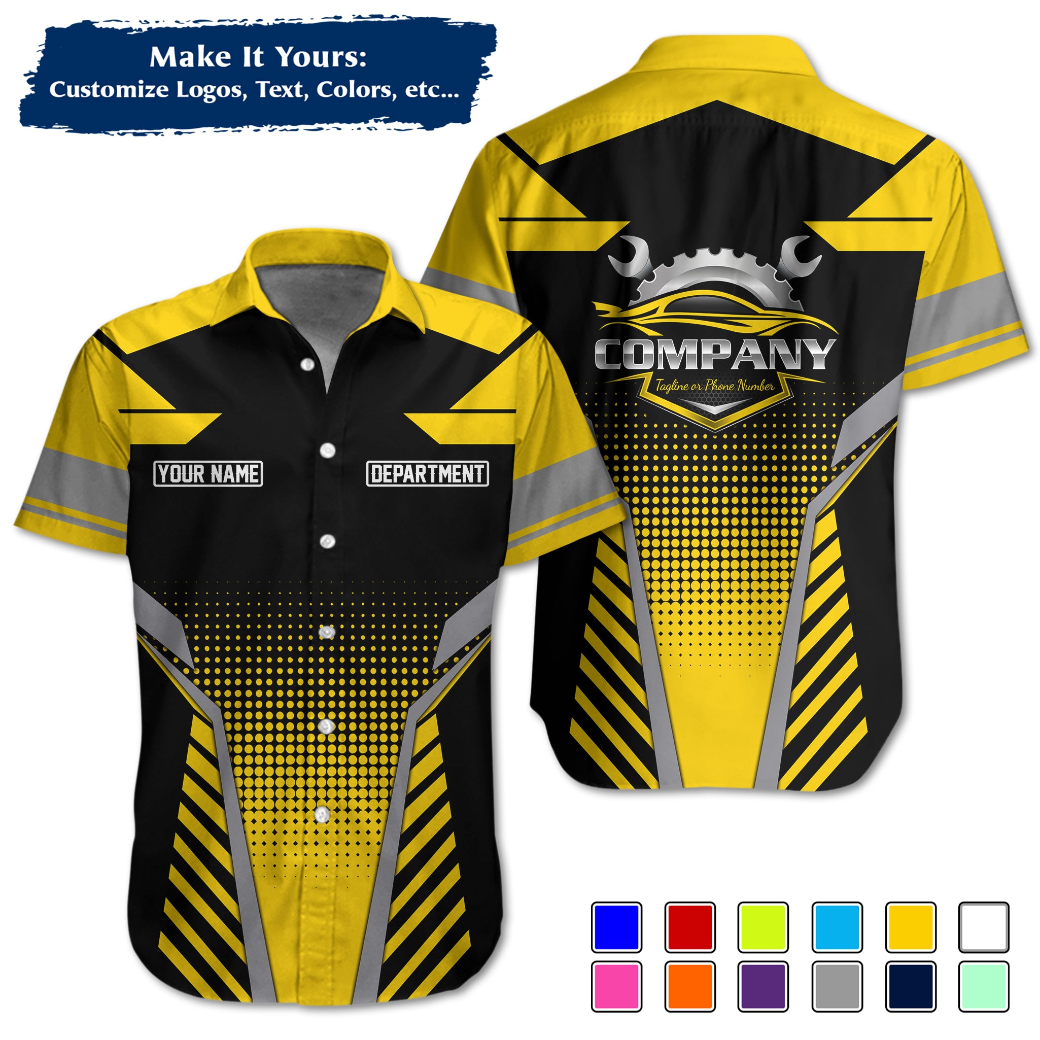 Custom Hawaiian Work Shirt for Auto Mechanics, Add Garage Logo, Name & Contact Info MCNHW11