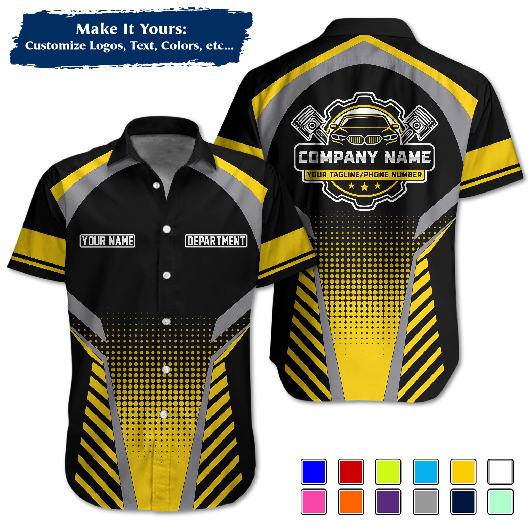 Custom Hawaiian Work Shirt for Auto Mechanics, Add Garage Logo, Name & Contact Info MCNHW14