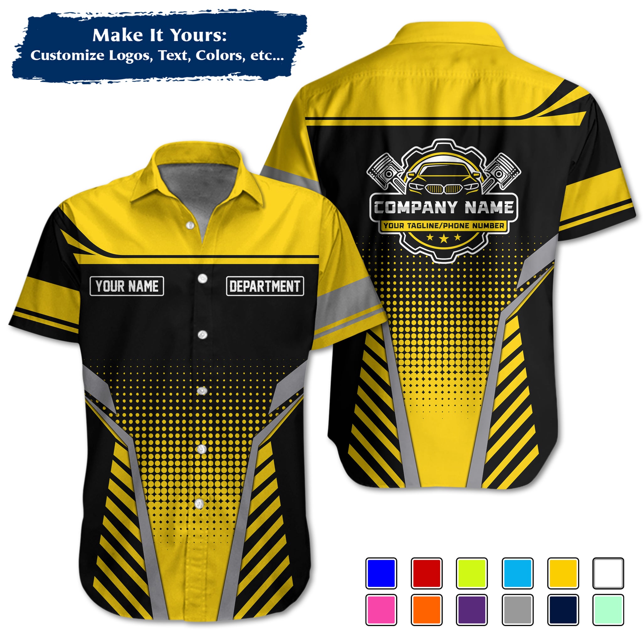 Custom Hawaiian Work Shirt for Auto Mechanics, Add Garage Logo, Name & Contact Info MCNHW10