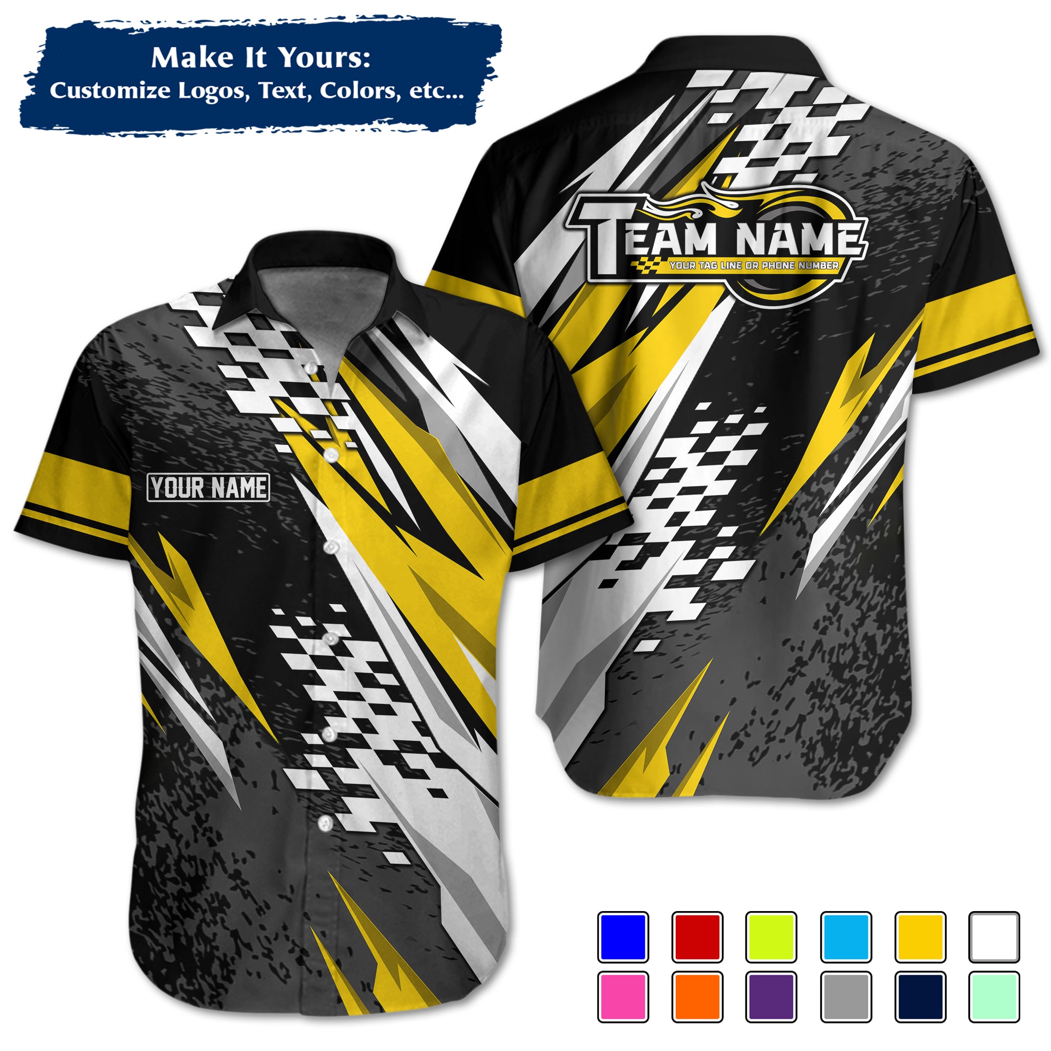 Custom Hawaiian Work Shirt for Race Team Crew Members, Add Team Logo, Name & Contact Info RCHW19