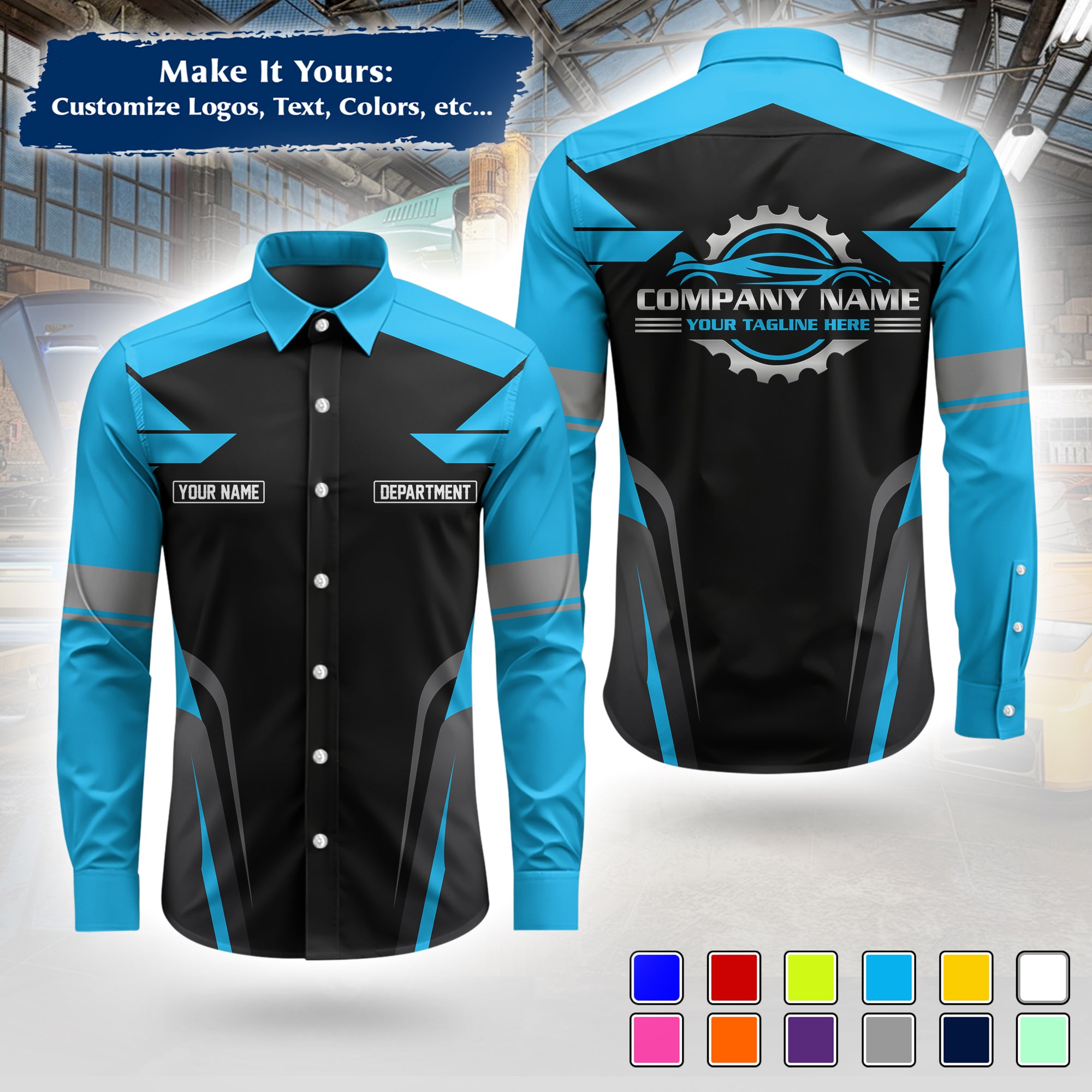 Custom Mechanic Long-Sleeve Work Shirt, Personalized with Your Garage Logo, Name & Phone MCNLS01
