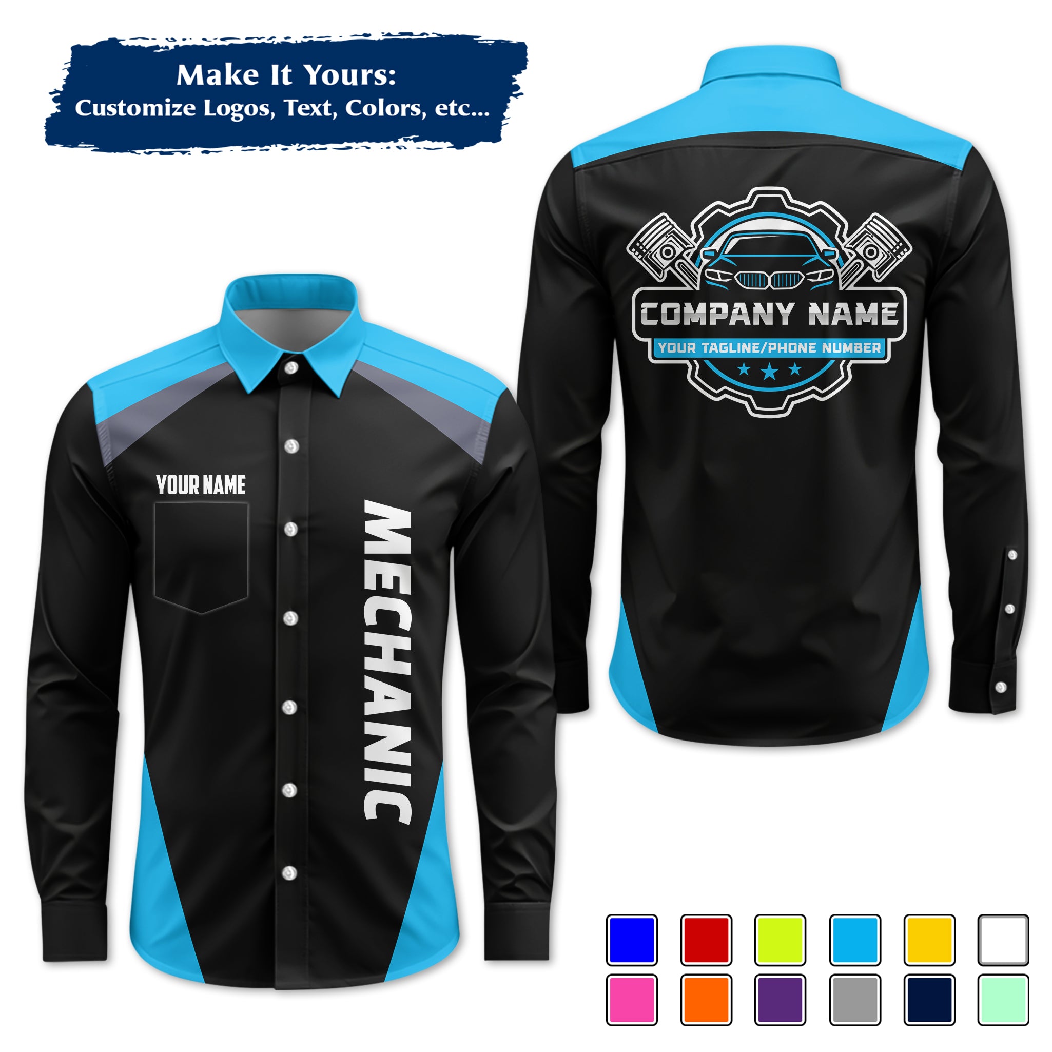 Custom Mechanic Long-Sleeve Work Shirt, Personalized with Your Garage Logo, Name & Phone MCNLS03