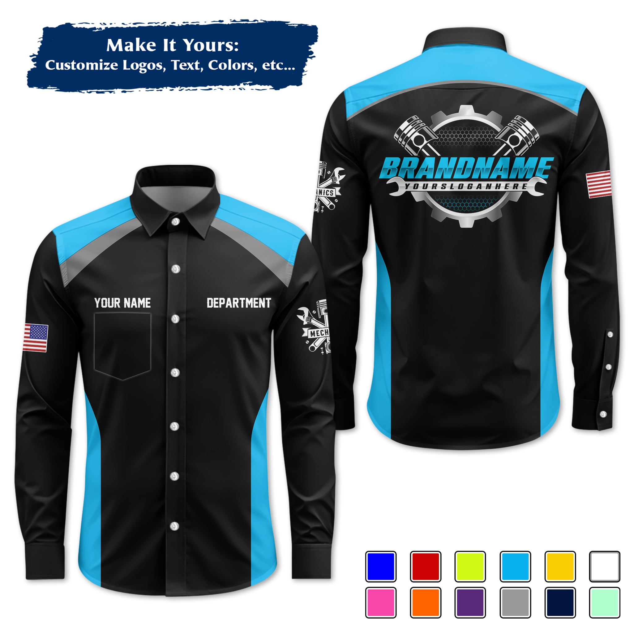Custom Mechanic Long-Sleeve Work Shirt, Personalized with Your Garage Logo, Name & Phone MCNLS06