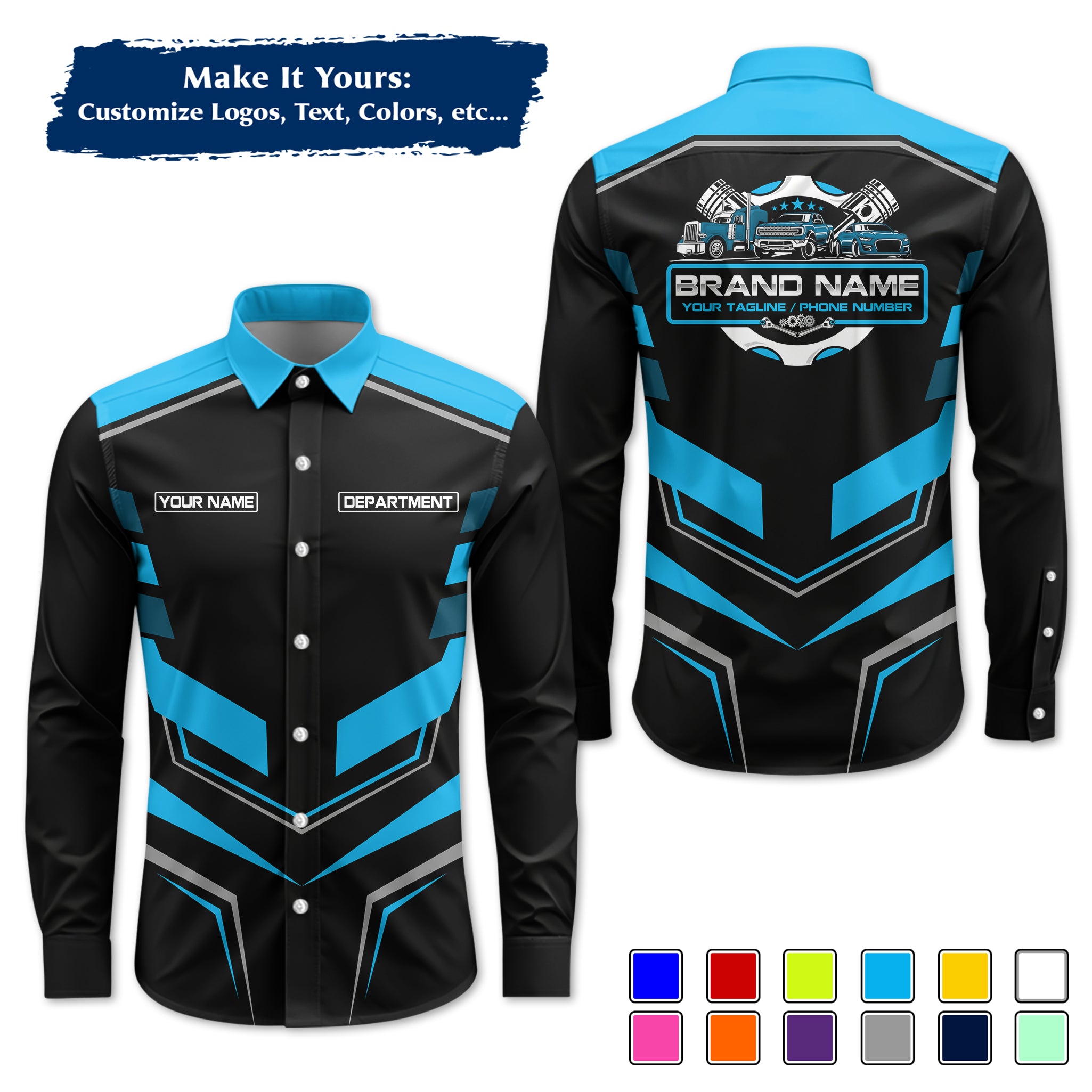 Custom Mechanic Long-Sleeve Work Shirt, Personalized with Your Garage Logo, Name & Phone MCNLS05