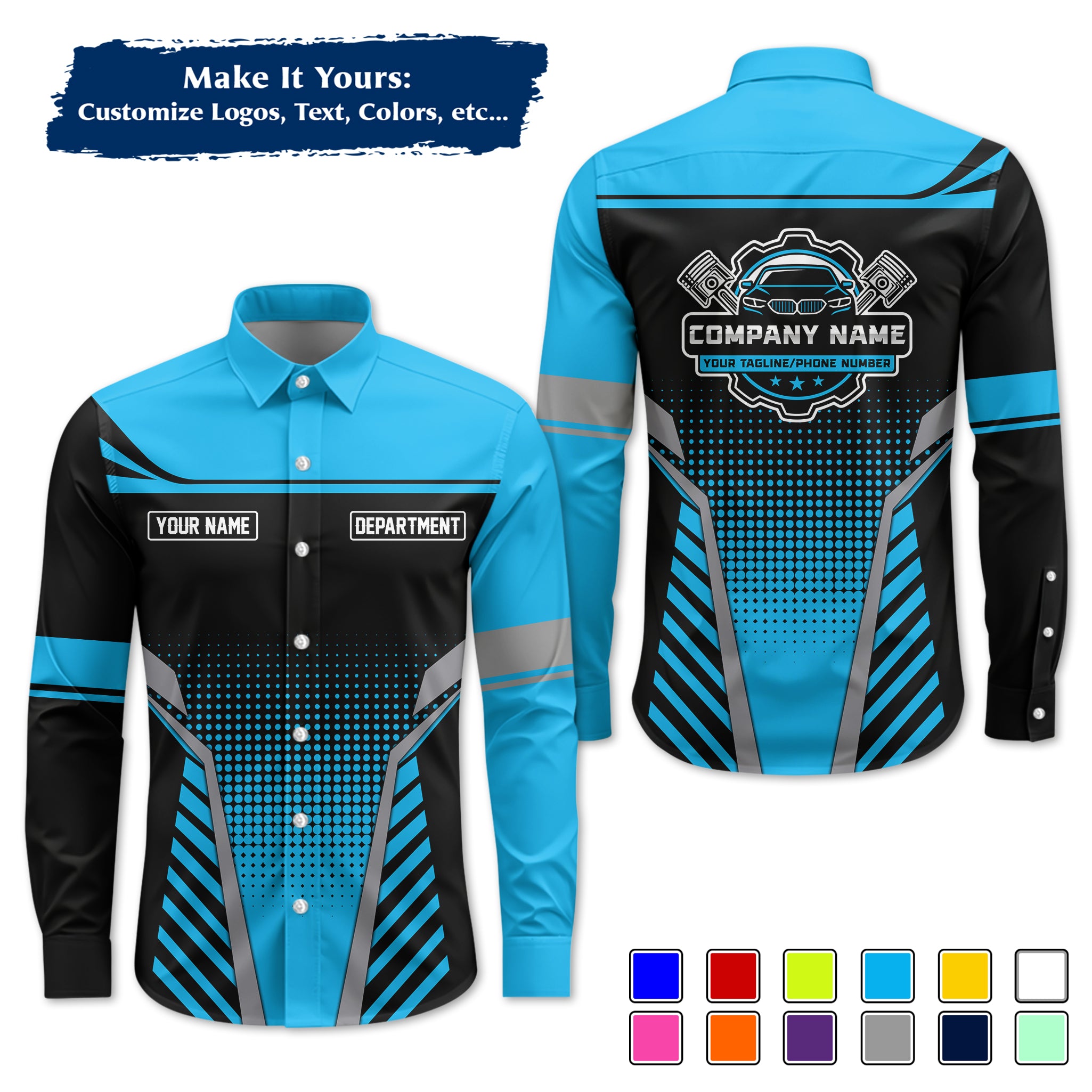 Custom Mechanic Long-Sleeve Work Shirt, Personalized with Your Garage Logo, Name & Phone MCNLS08