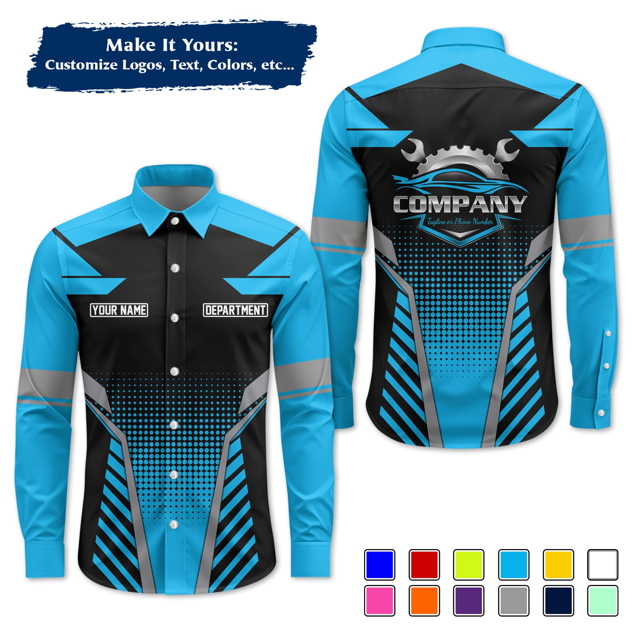Custom Mechanic Long-Sleeve Work Shirt, Personalized with Your Garage Logo, Name & Phone MCNLS09
