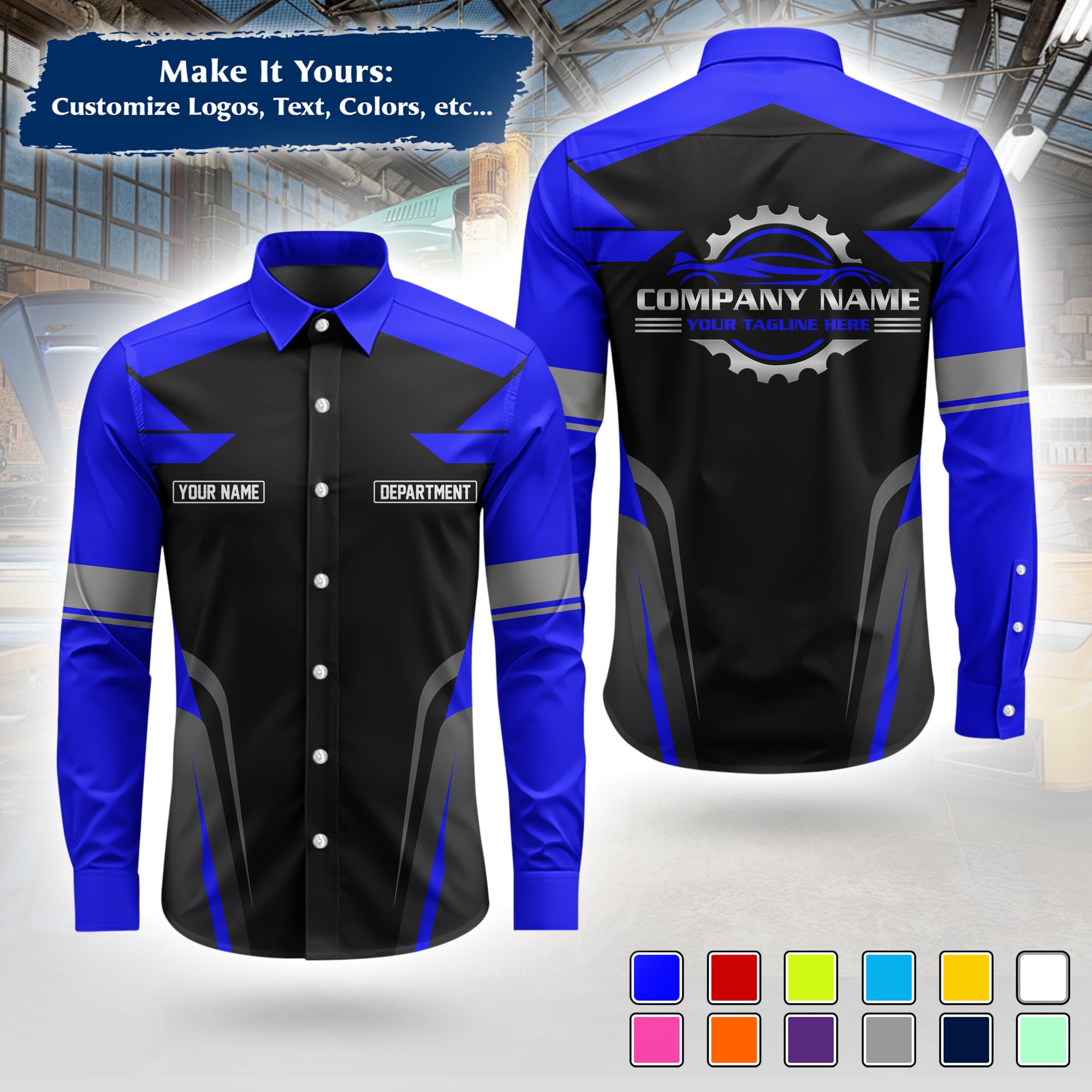 Custom Mechanic Long-Sleeve Work Shirt, Personalized with Your Garage Logo, Name & Phone MCNLS01