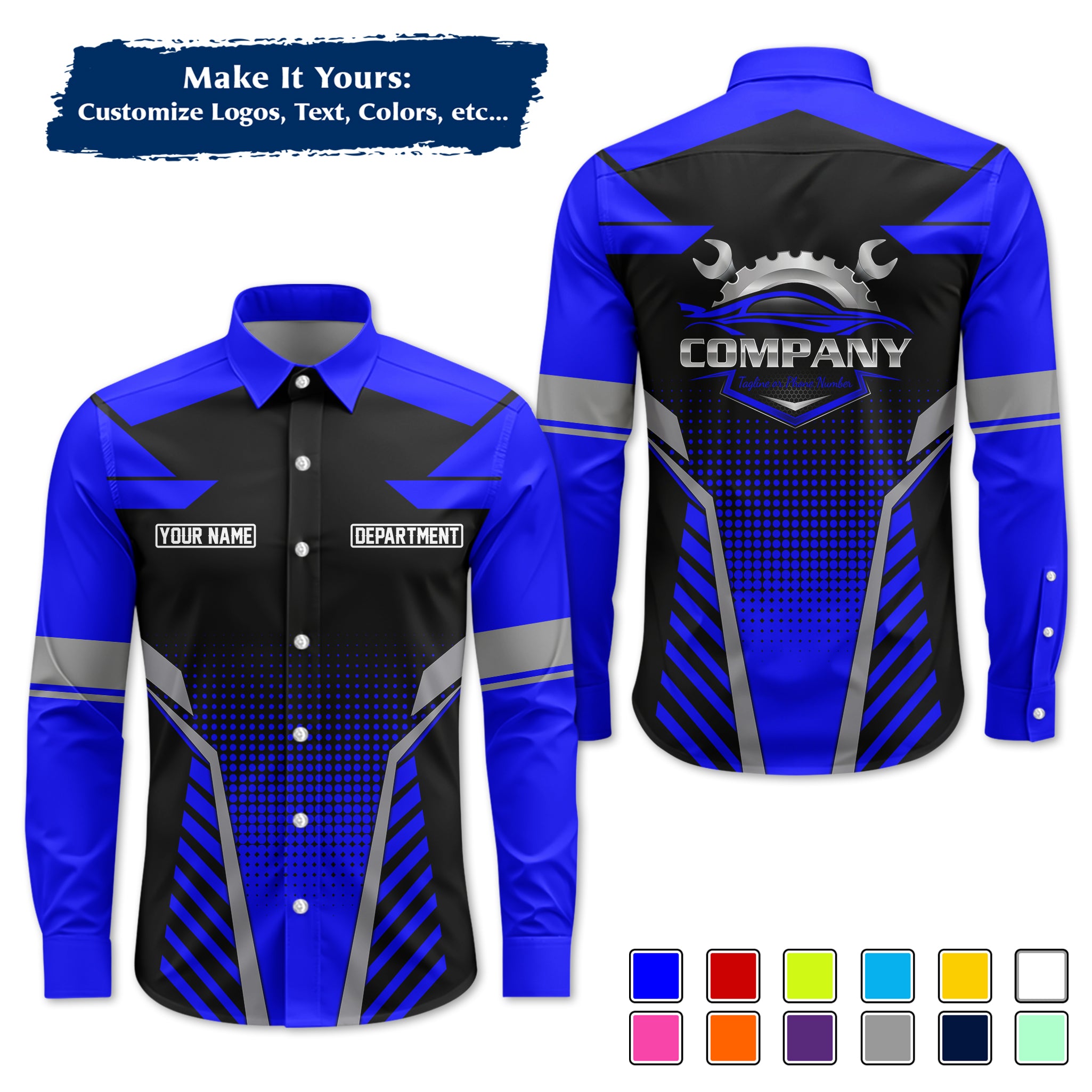 Custom Mechanic Long-Sleeve Work Shirt, Personalized with Your Garage Logo, Name & Phone MCNLS09
