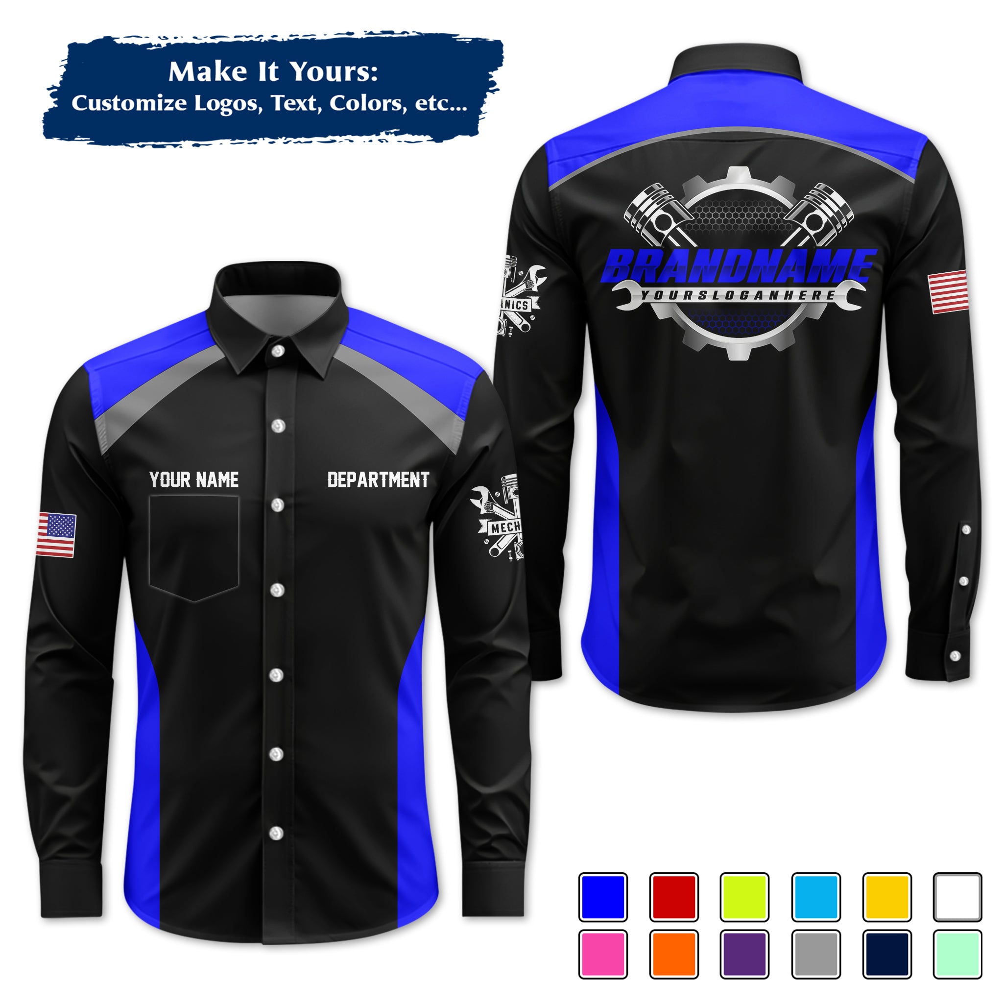 Custom Mechanic Long-Sleeve Work Shirt, Personalized with Your Garage Logo, Name & Phone MCNLS06