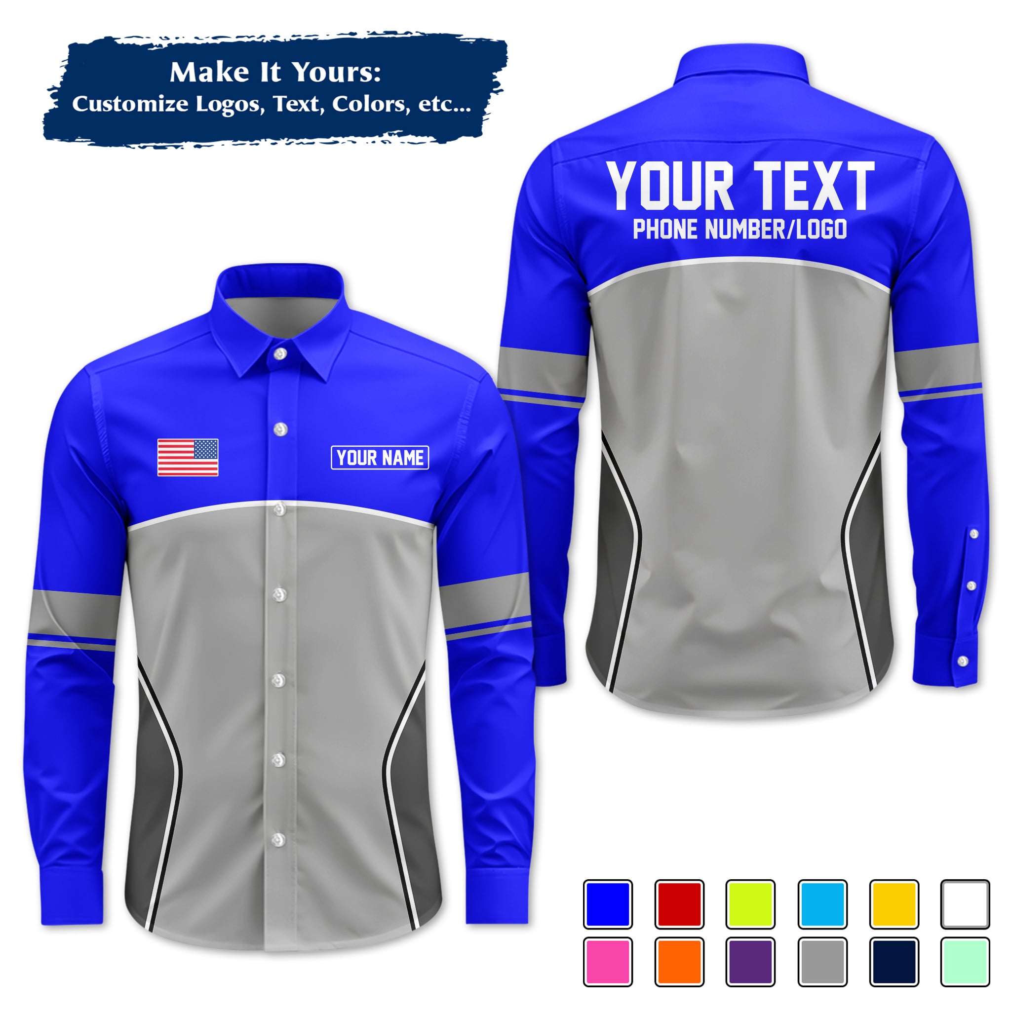 Custom Long-Sleeve Work Shirt Uniform, Personalized with Your Company Logo, Name & Phone WSLS16