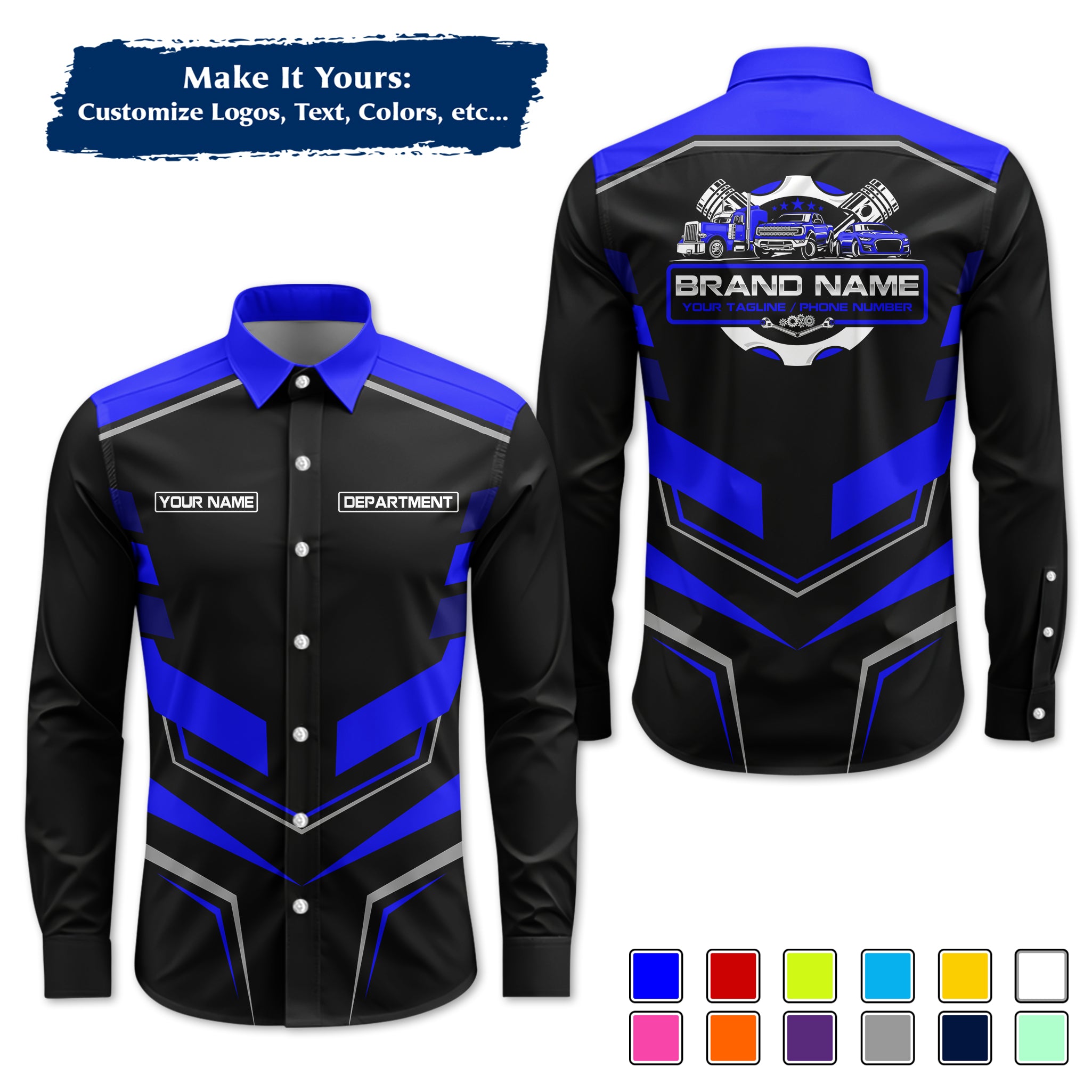 Custom Mechanic Long-Sleeve Work Shirt, Personalized with Your Garage Logo, Name & Phone MCNLS05