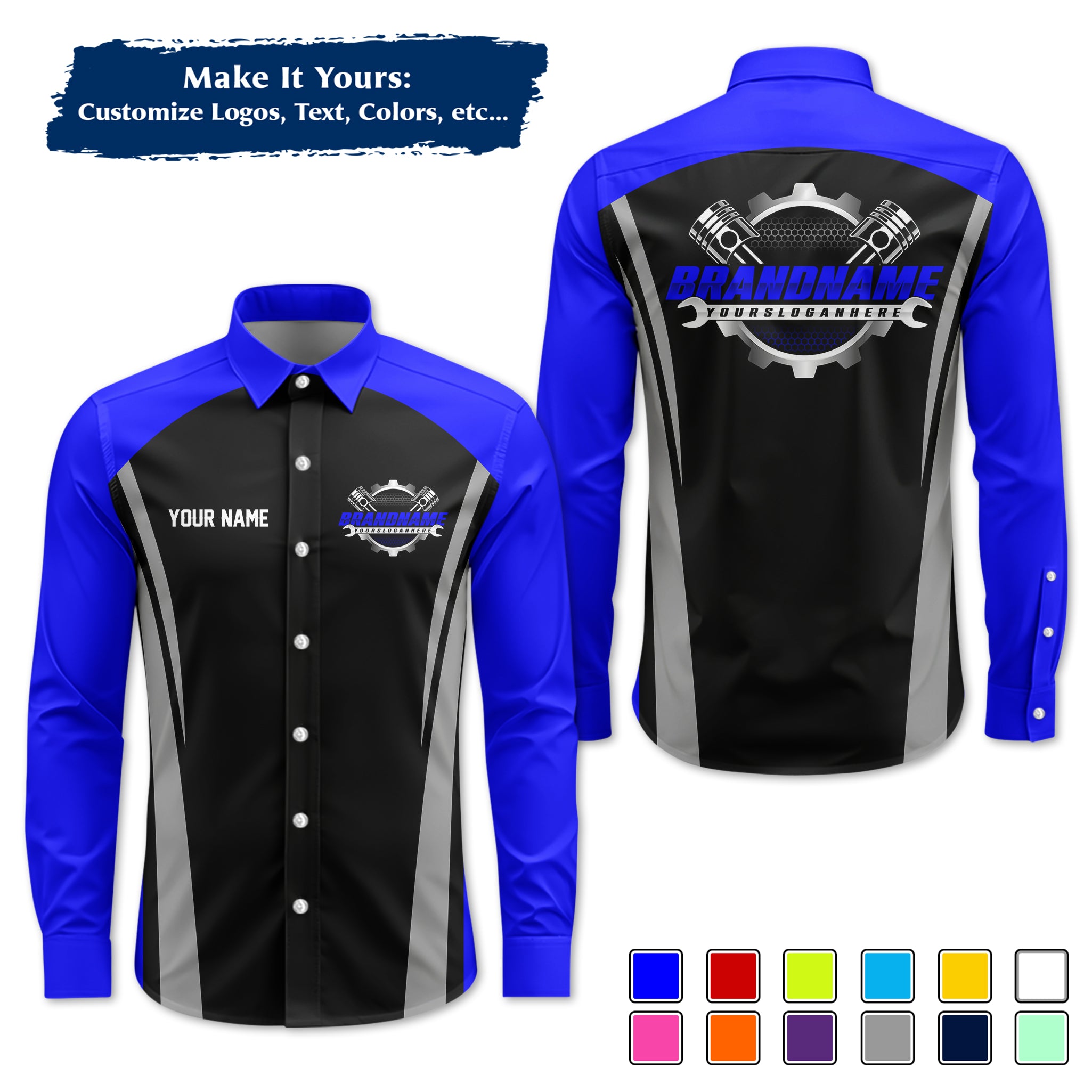 Custom Mechanic Long-Sleeve Work Shirt, Personalized with Your Garage Logo, Name & Phone MCNLS07