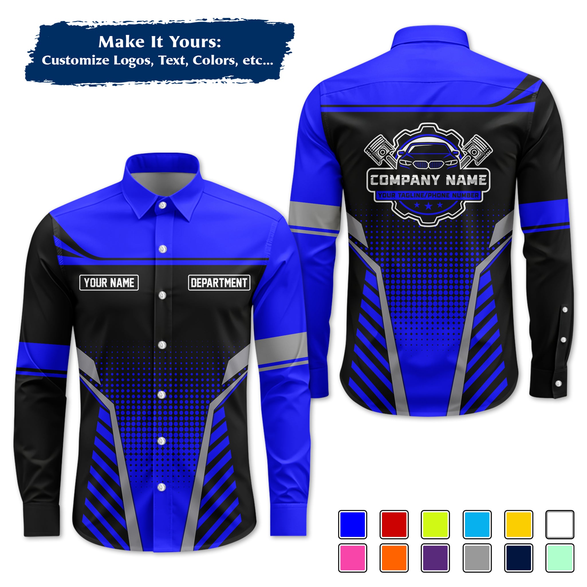 Custom Mechanic Long-Sleeve Work Shirt, Personalized with Your Garage Logo, Name & Phone MCNLS08