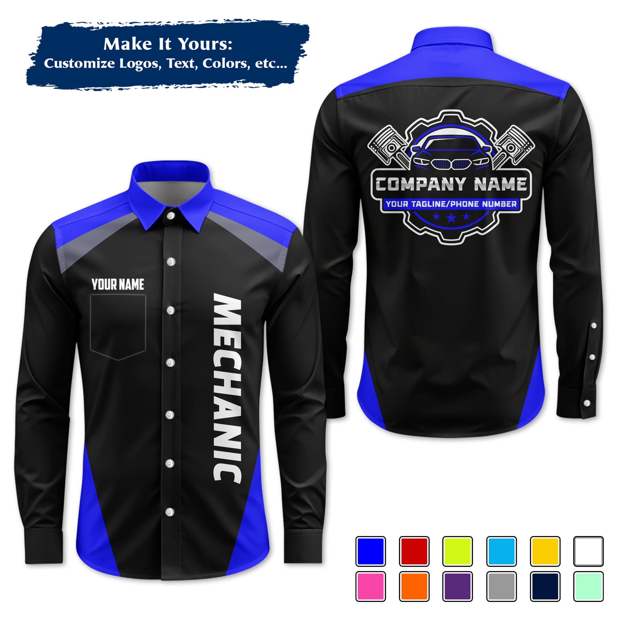 Custom Mechanic Long-Sleeve Work Shirt, Personalized with Your Garage Logo, Name & Phone MCNLS03