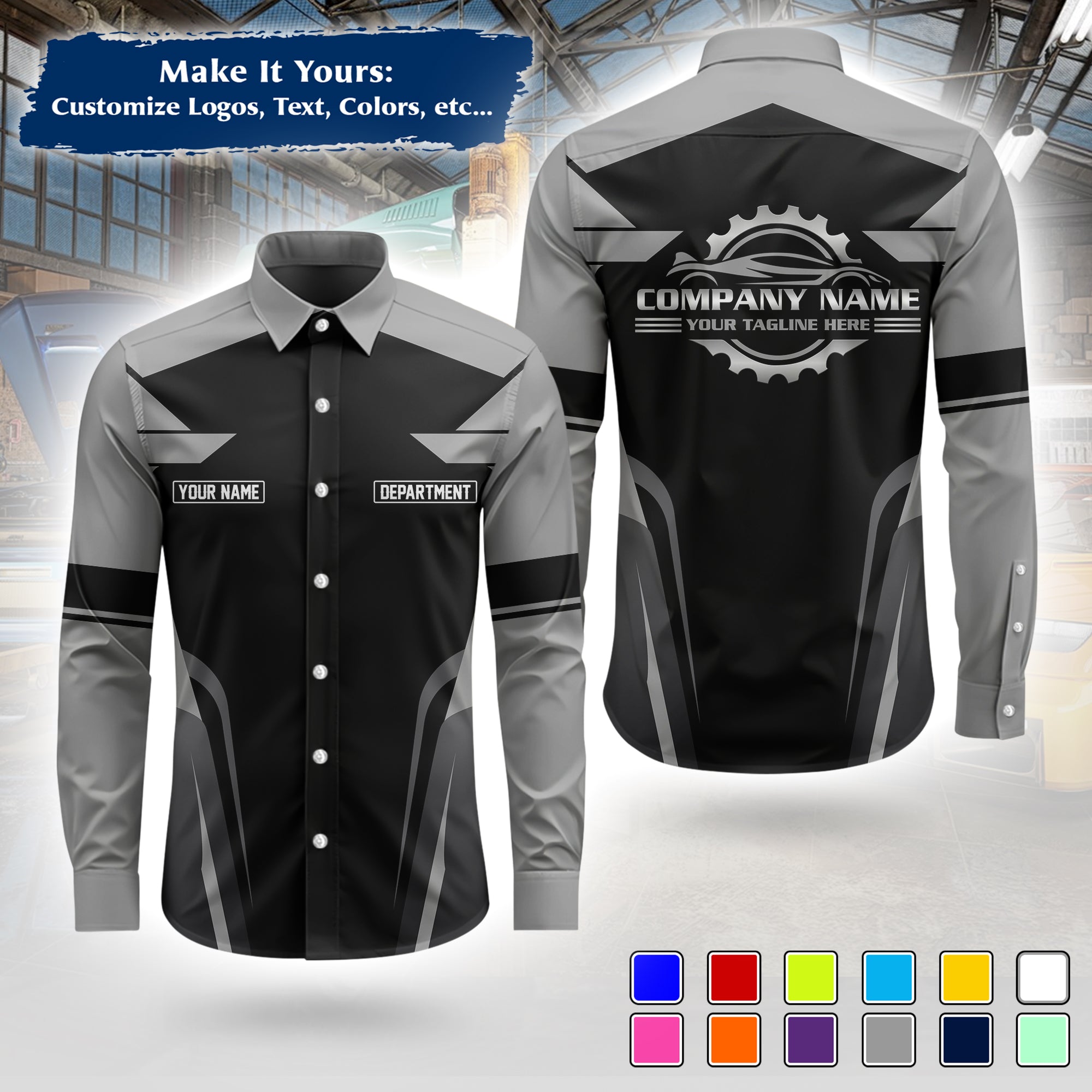Custom Mechanic Long-Sleeve Work Shirt, Personalized with Your Garage Logo, Name & Phone MCNLS01