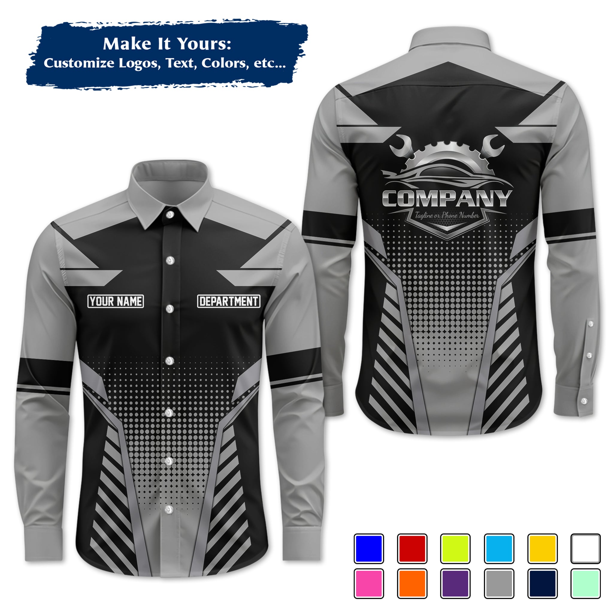 Custom Mechanic Long-Sleeve Work Shirt, Personalized with Your Garage Logo, Name & Phone MCNLS09