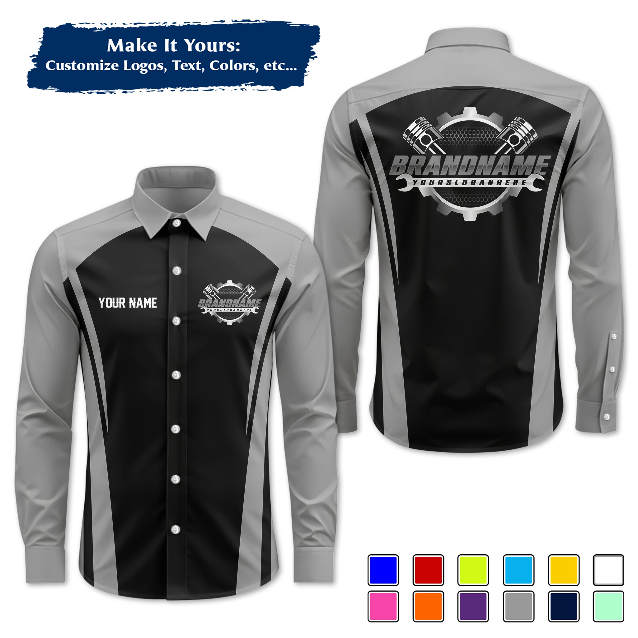 Custom Mechanic Long-Sleeve Work Shirt, Personalized with Your Garage Logo, Name & Phone MCNLS07
