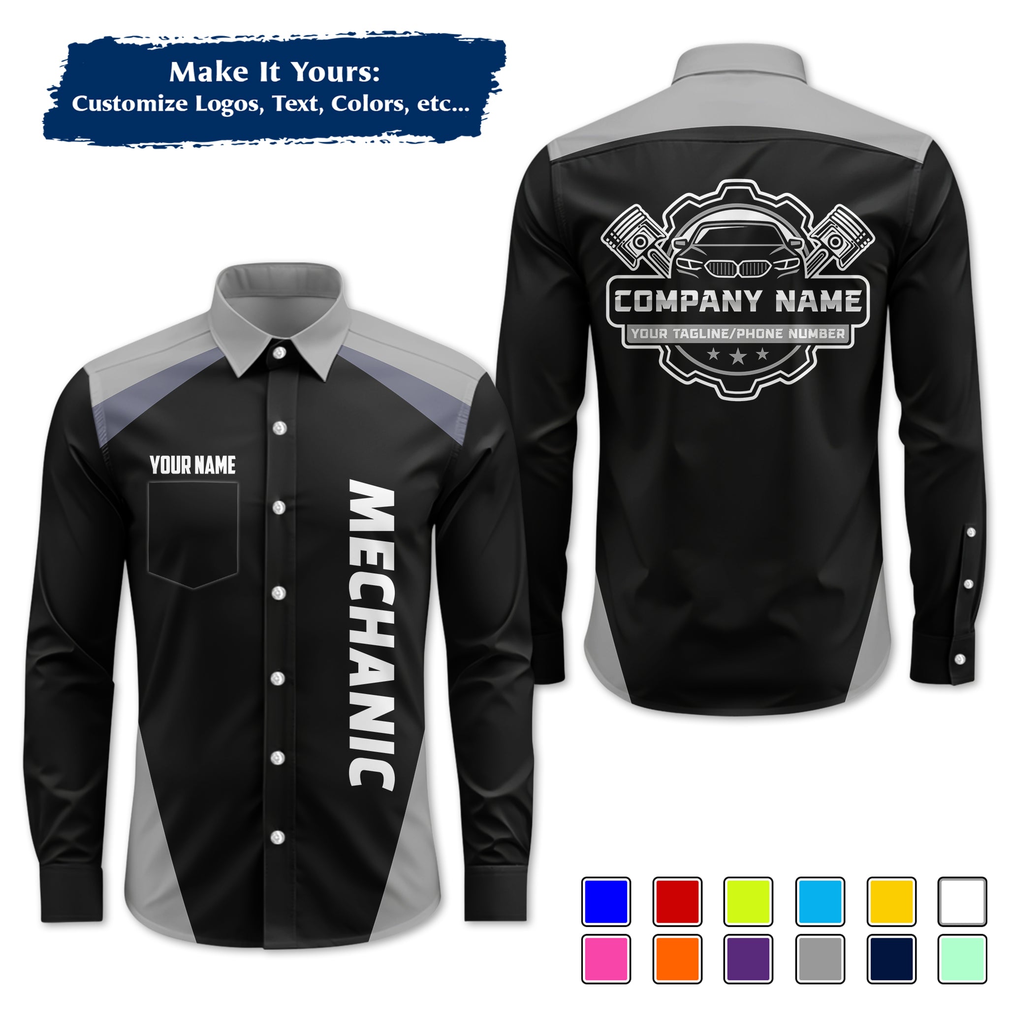 Custom Mechanic Long-Sleeve Work Shirt, Personalized with Your Garage Logo, Name & Phone MCNLS03