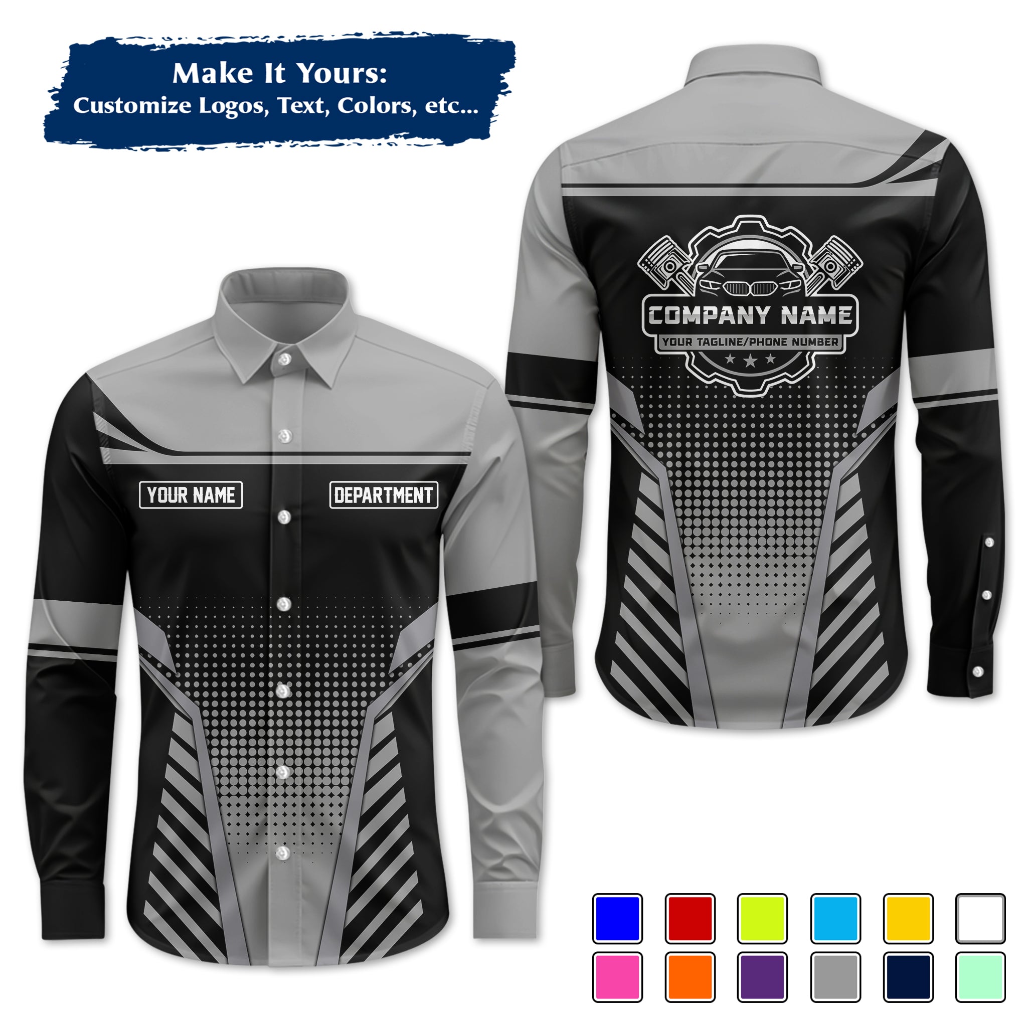 Custom Mechanic Long-Sleeve Work Shirt, Personalized with Your Garage Logo, Name & Phone MCNLS08