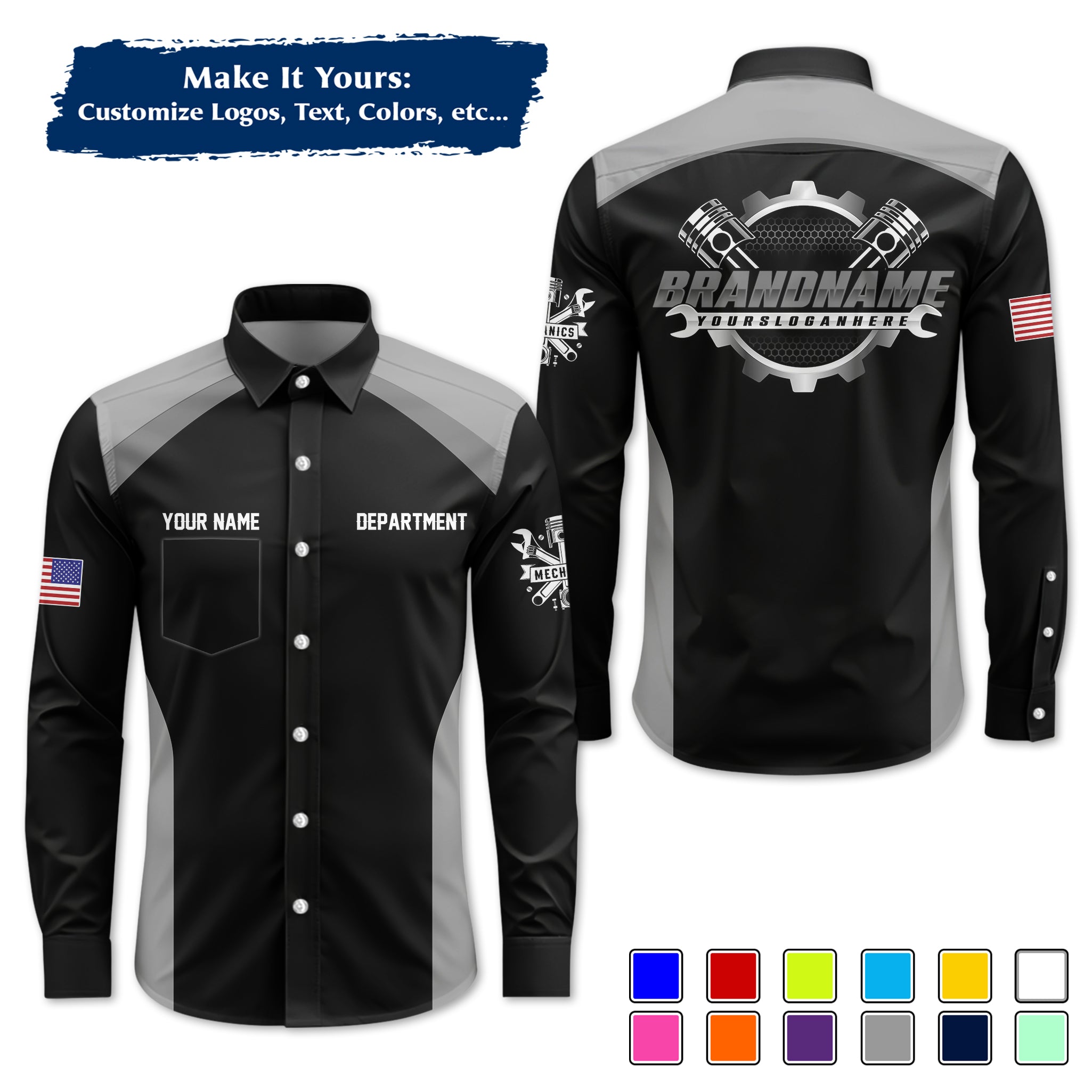 Custom Mechanic Long-Sleeve Work Shirt, Personalized with Your Garage Logo, Name & Phone MCNLS06