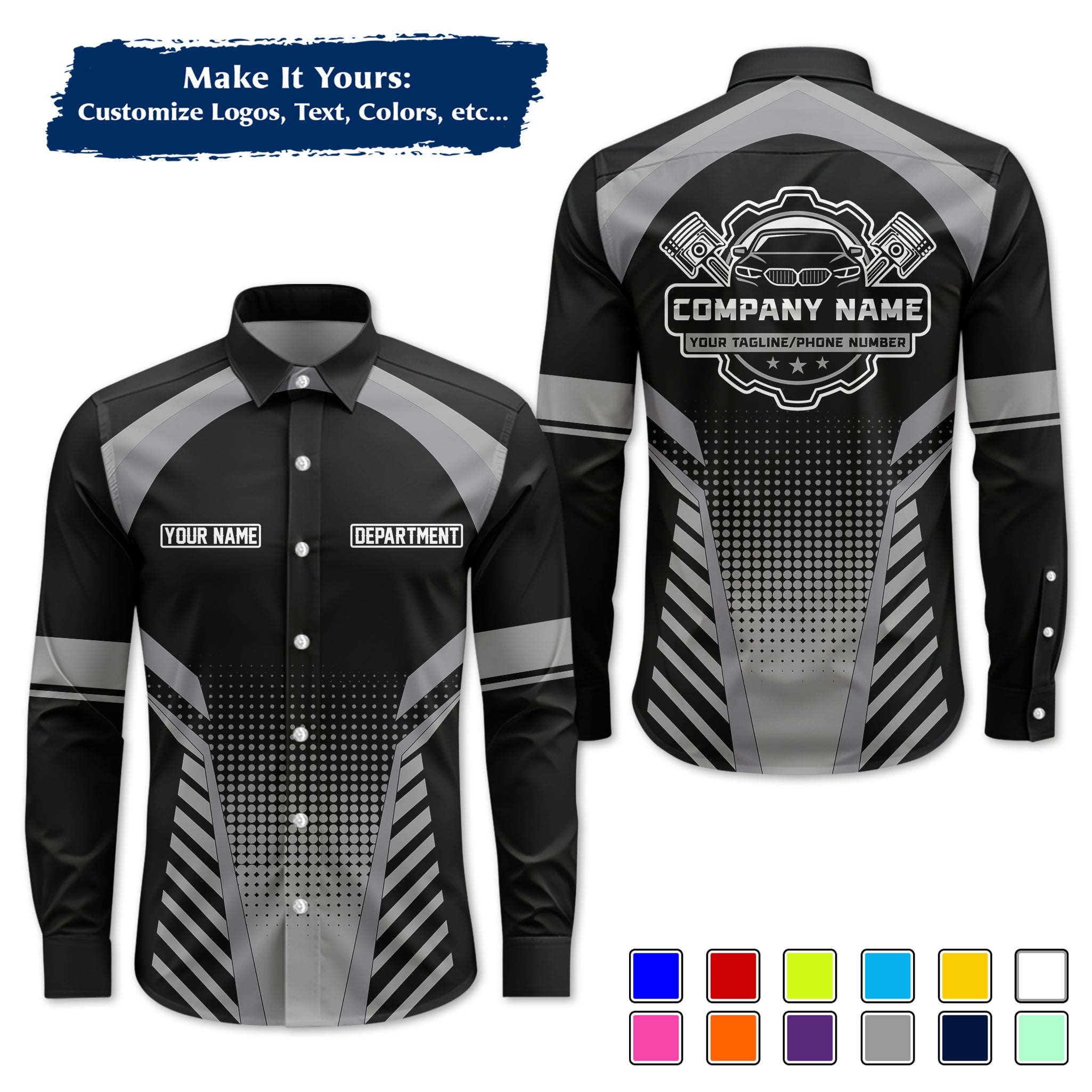 Custom Mechanic Long-Sleeve Work Shirt, Personalized with Your Garage Logo, Name & Phone MCNLS10