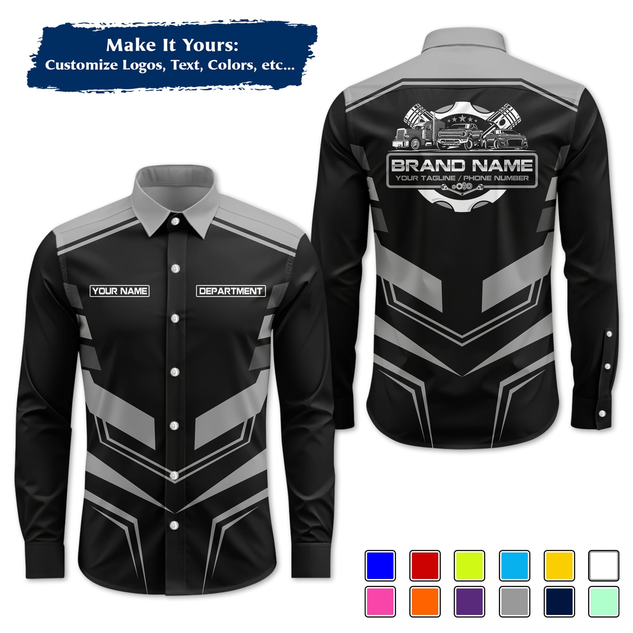 Custom Mechanic Long-Sleeve Work Shirt, Personalized with Your Garage Logo, Name & Phone MCNLS05
