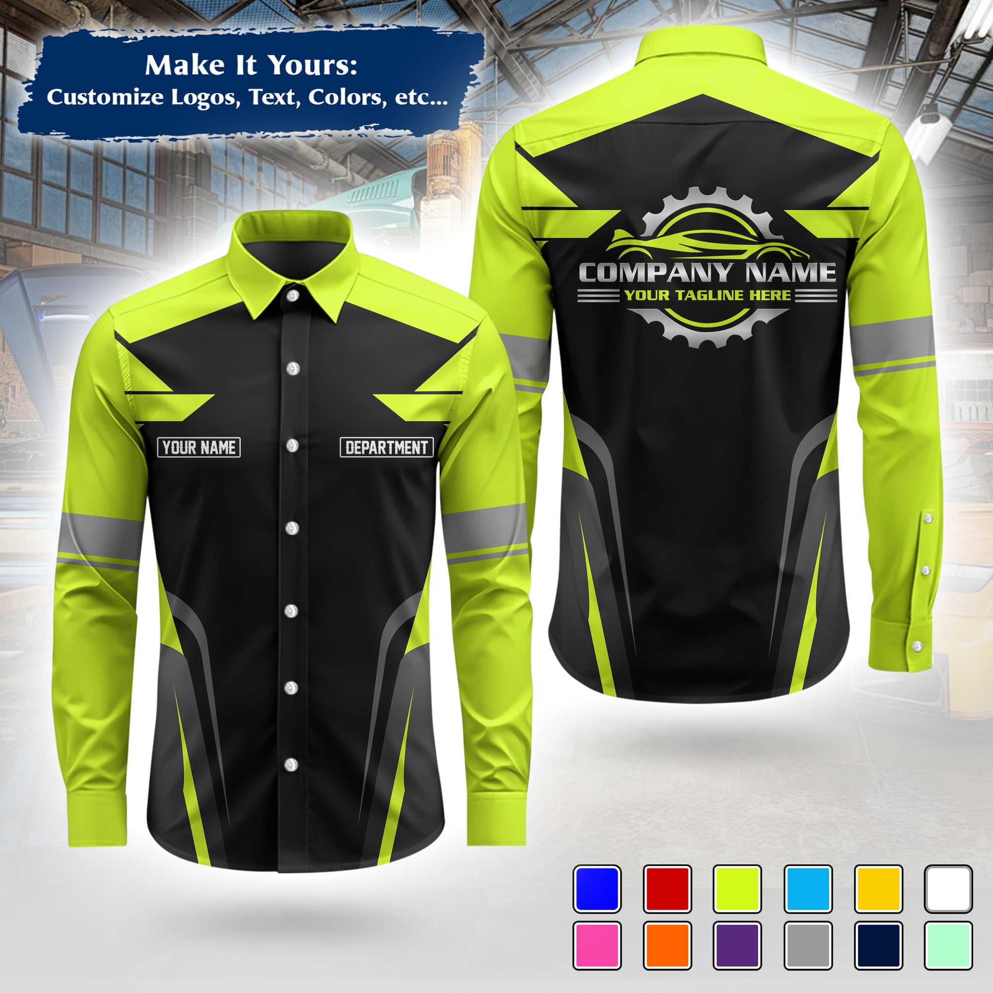 Custom Mechanic Long-Sleeve Work Shirt, Personalized with Your Garage Logo, Name & Phone MCNLS01
