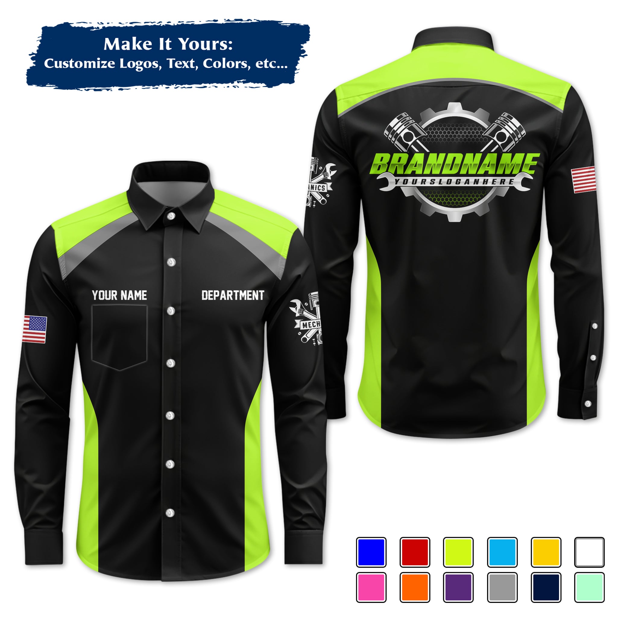 Custom Mechanic Long-Sleeve Work Shirt, Personalized with Your Garage Logo, Name & Phone MCNLS06