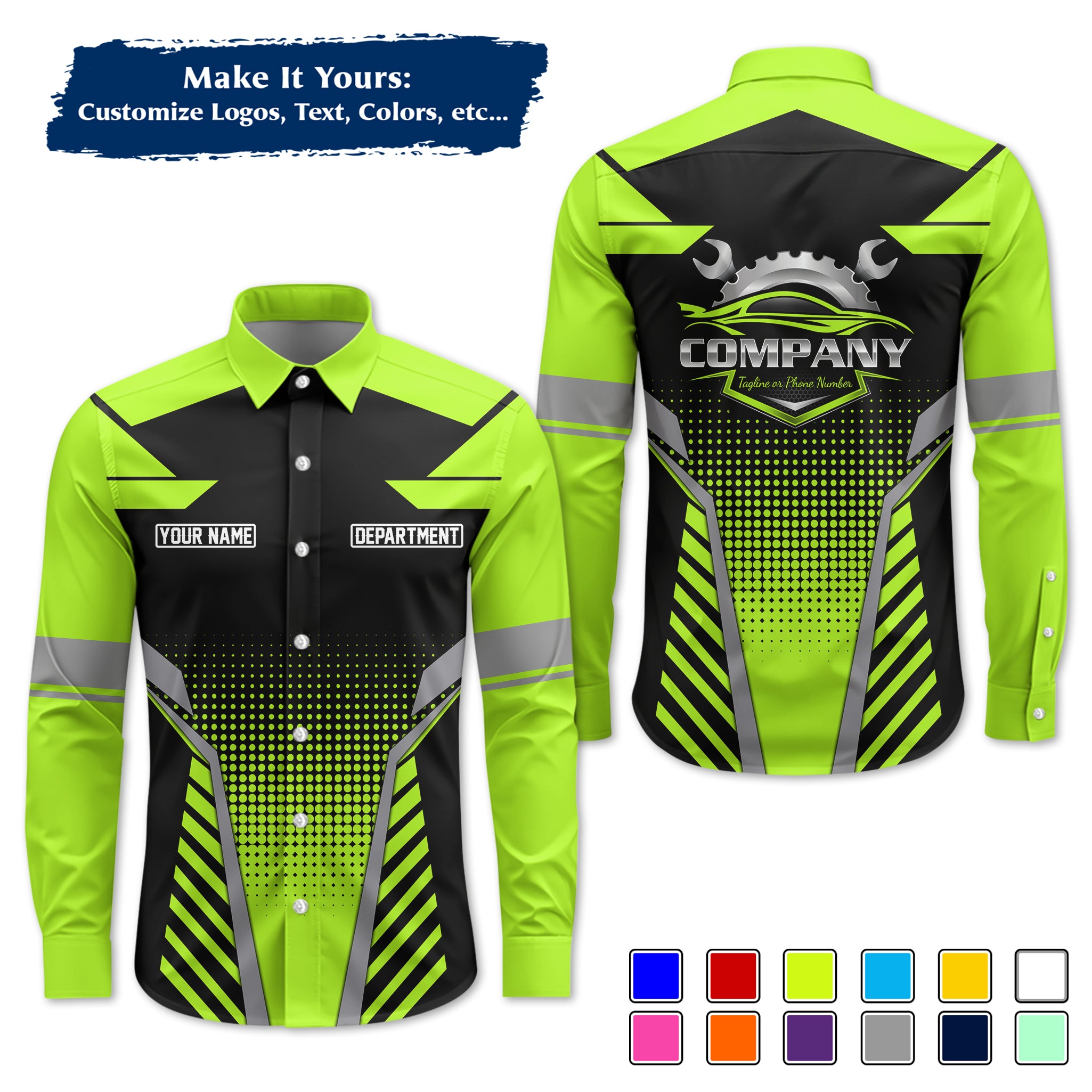 Custom Mechanic Long-Sleeve Work Shirt, Personalized with Your Garage Logo, Name & Phone MCNLS09