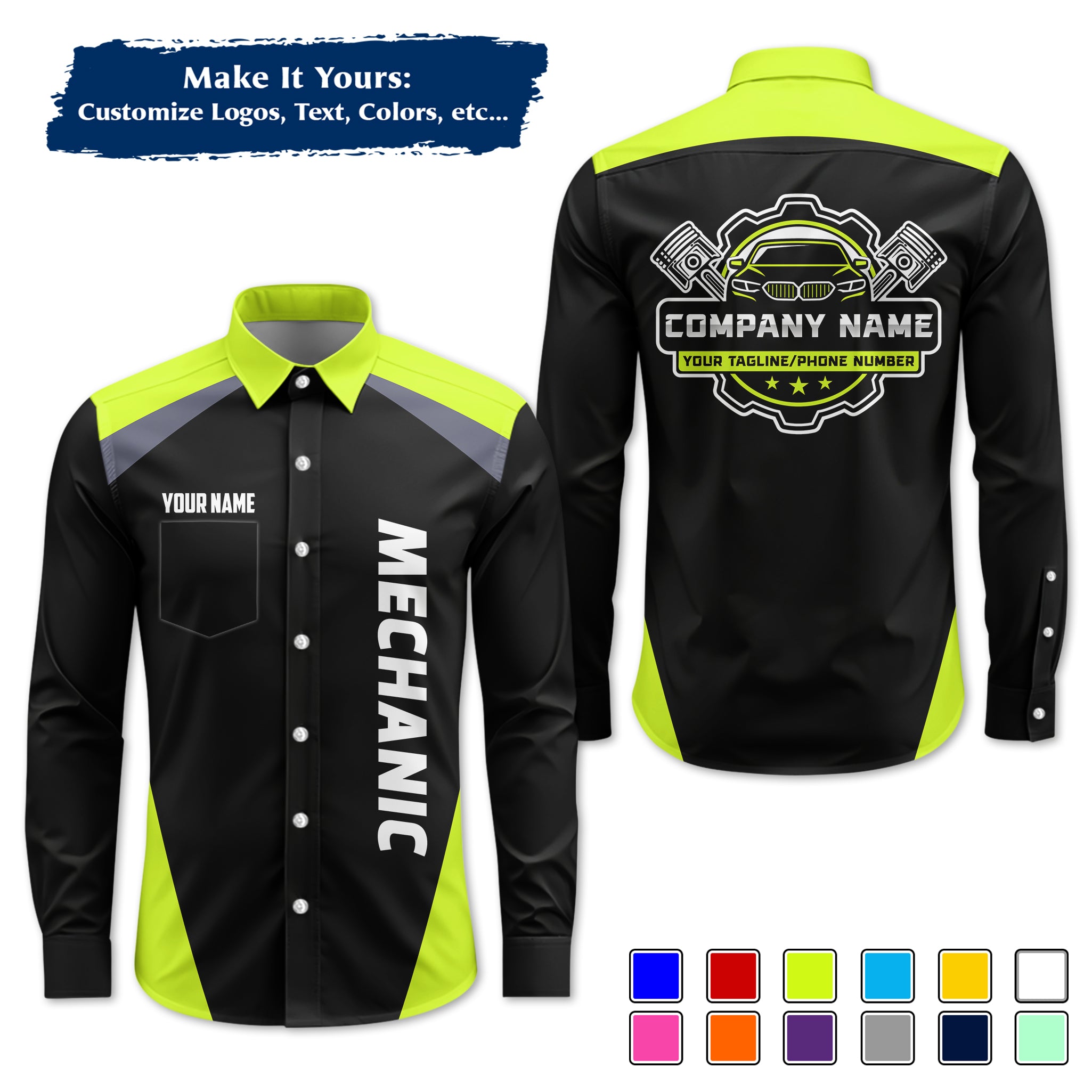 Custom Mechanic Long-Sleeve Work Shirt, Personalized with Your Garage Logo, Name & Phone MCNLS03