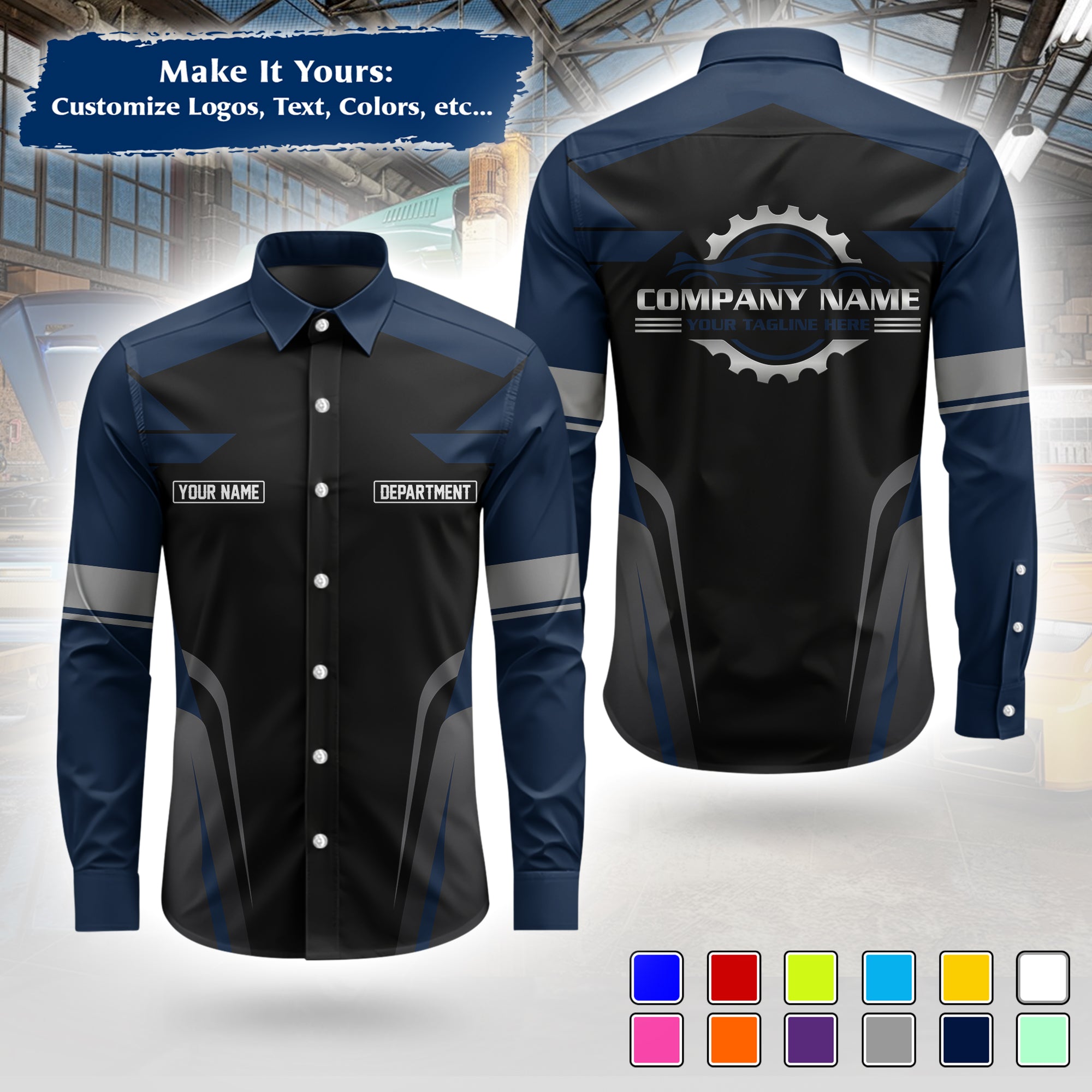 Custom Mechanic Long-Sleeve Work Shirt, Personalized with Your Garage Logo, Name & Phone MCNLS01