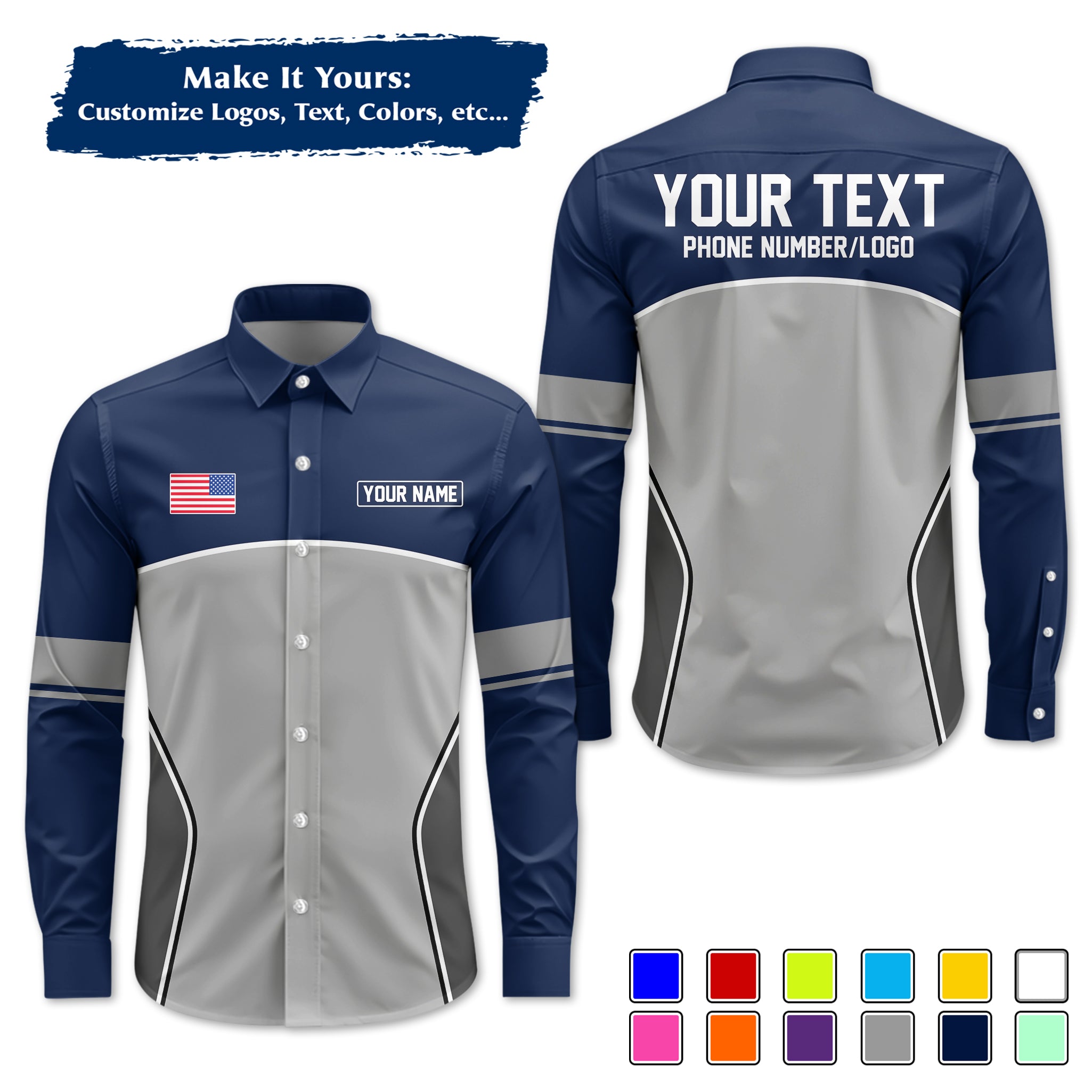 Custom Long-Sleeve Work Shirt Uniform, Personalized with Your Company Logo, Name & Phone WSLS16