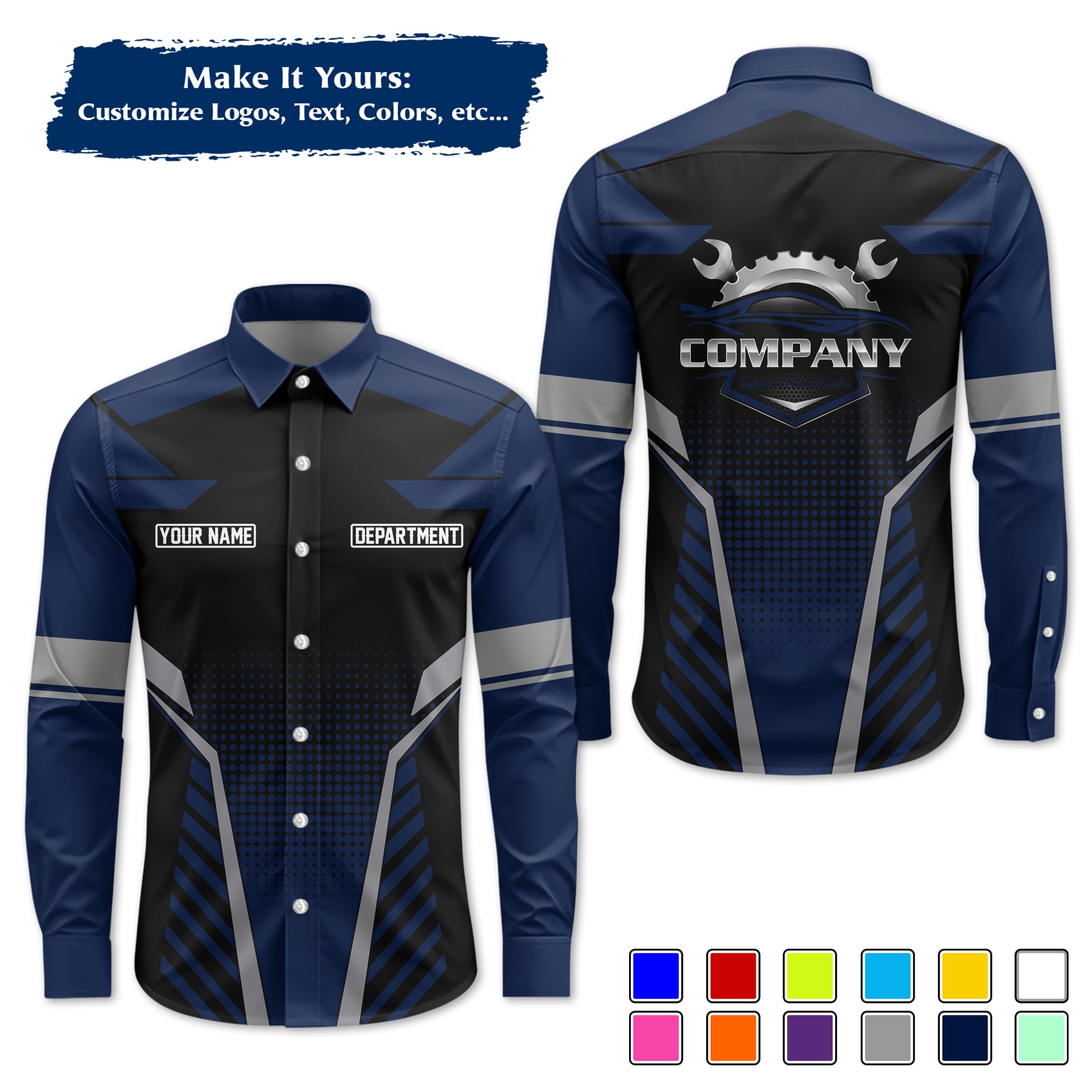 Custom Mechanic Long-Sleeve Work Shirt, Personalized with Your Garage Logo, Name & Phone MCNLS09