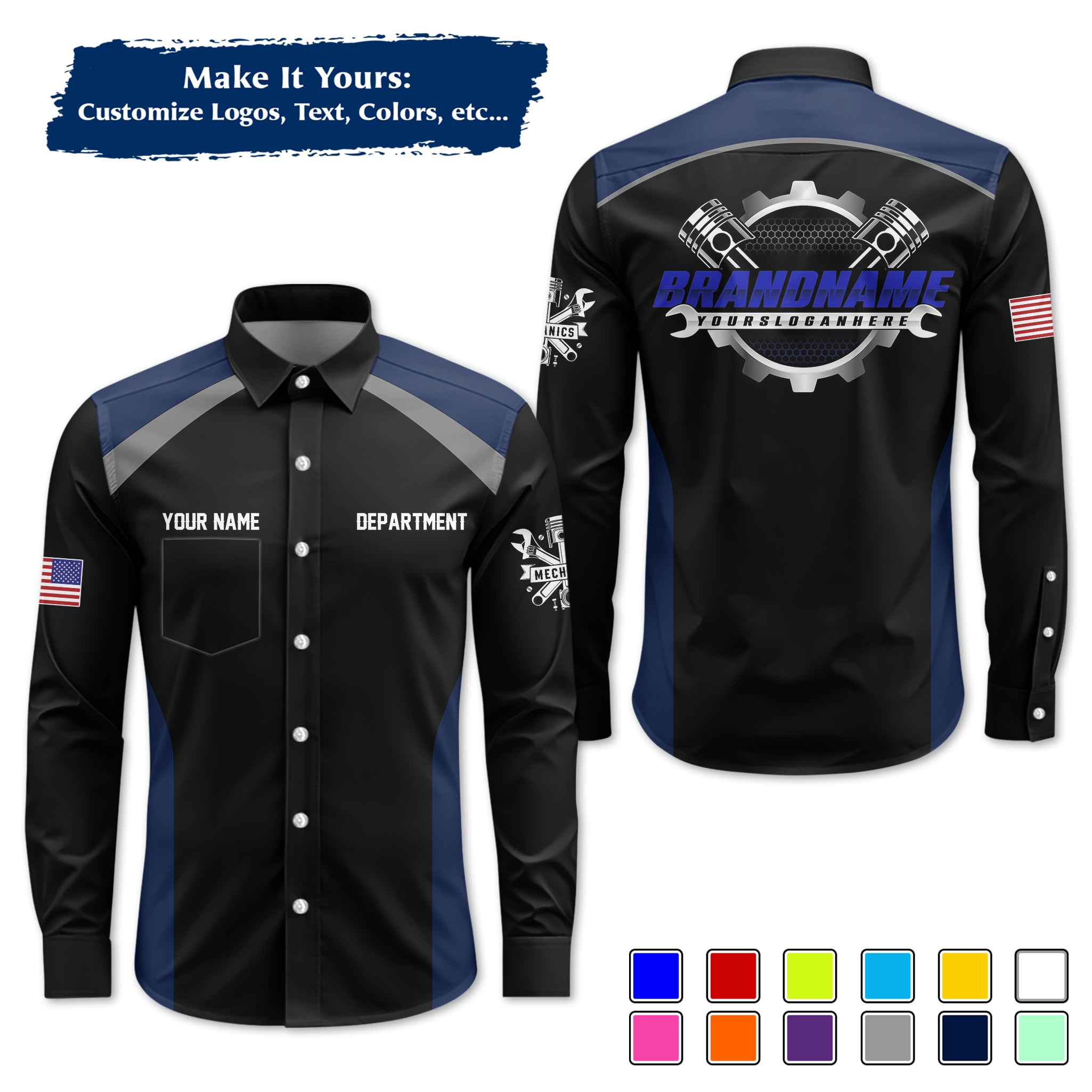 Custom Mechanic Long-Sleeve Work Shirt, Personalized with Your Garage Logo, Name & Phone MCNLS06