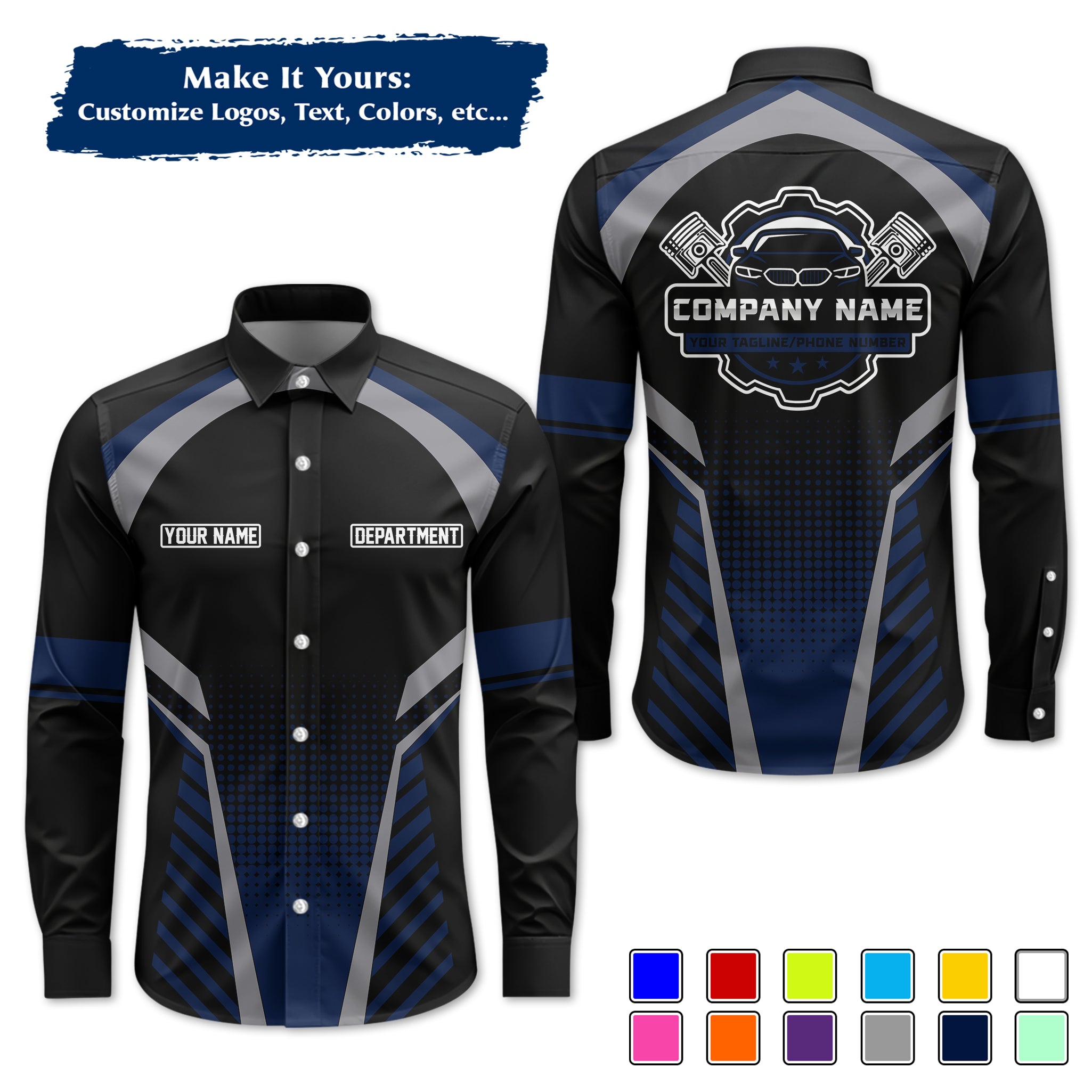 Custom Mechanic Long-Sleeve Work Shirt, Personalized with Your Garage Logo, Name & Phone MCNLS10