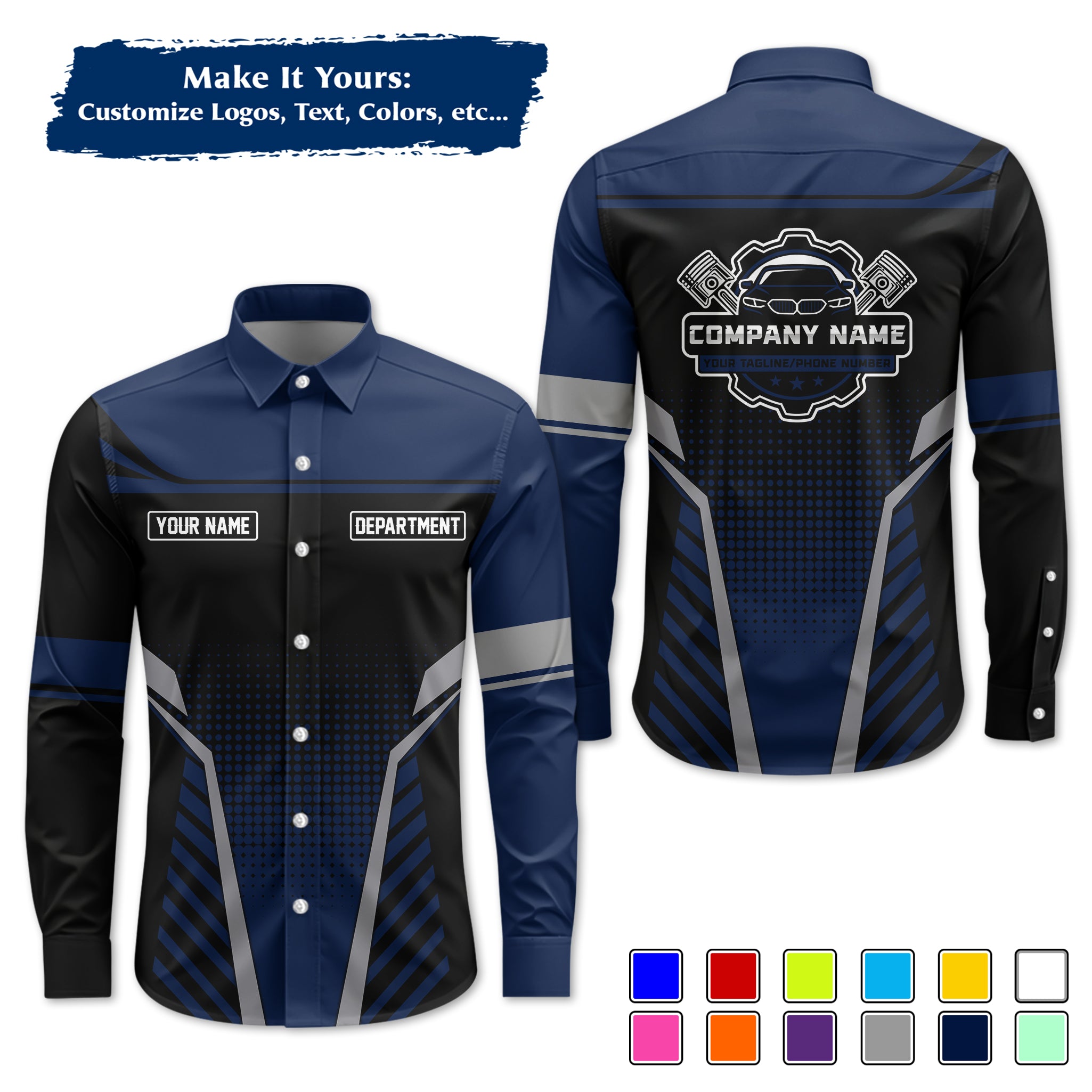 Custom Mechanic Long-Sleeve Work Shirt, Personalized with Your Garage Logo, Name & Phone MCNLS08