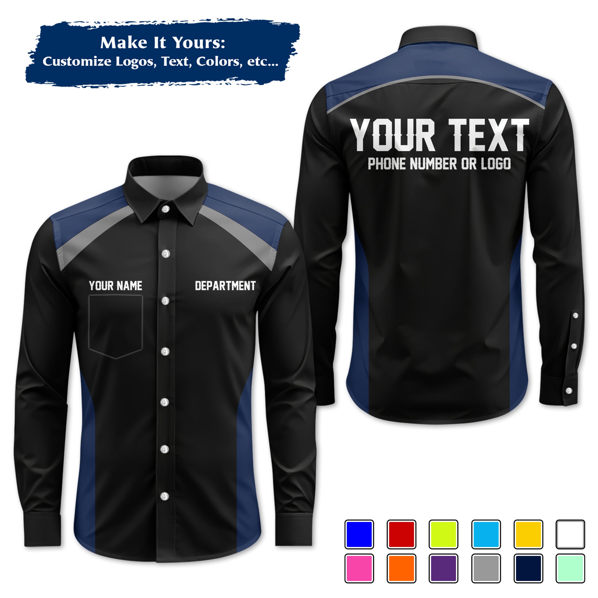 Custom Long-Sleeve Work Shirt Uniform, Personalized with Your Company Logo, Name & Phone WSLS08