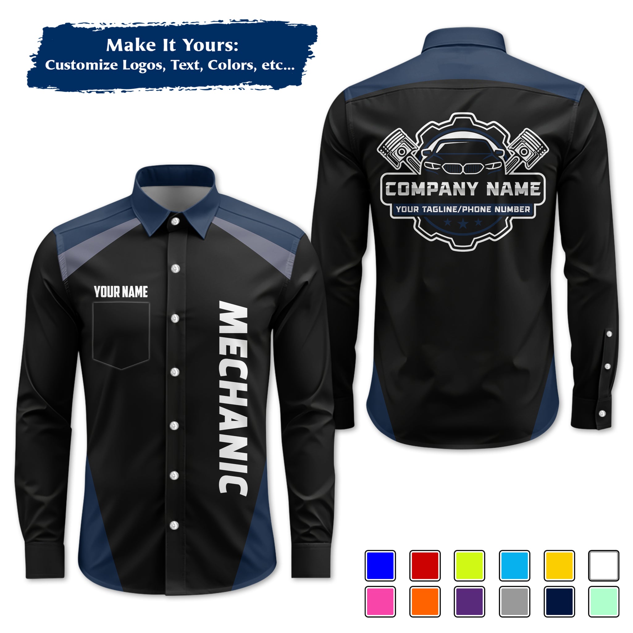 Custom Mechanic Long-Sleeve Work Shirt, Personalized with Your Garage Logo, Name & Phone MCNLS03