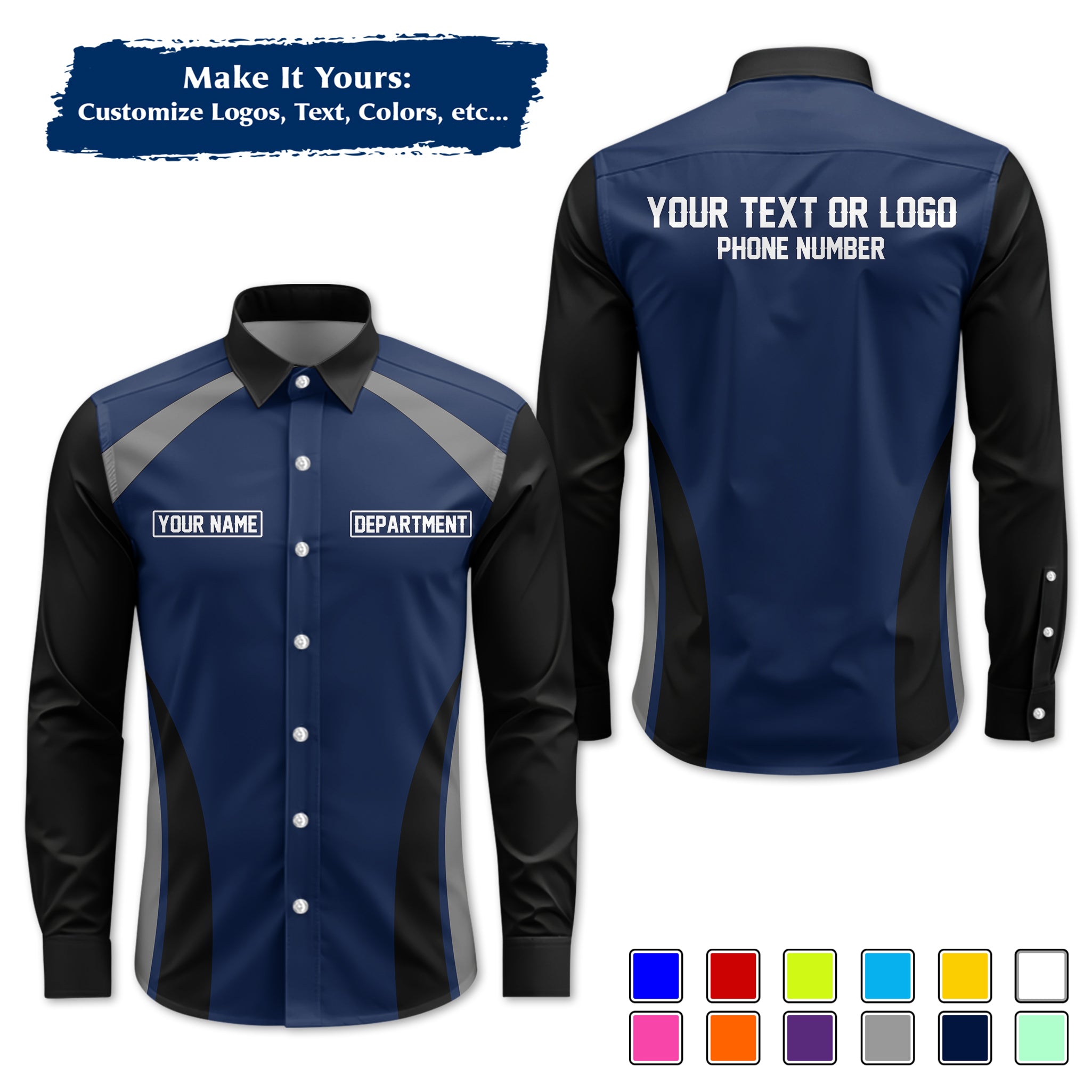 Custom Long-Sleeve Work Shirt Uniform, Personalized with Your Company Logo, Name & Phone WSLS09